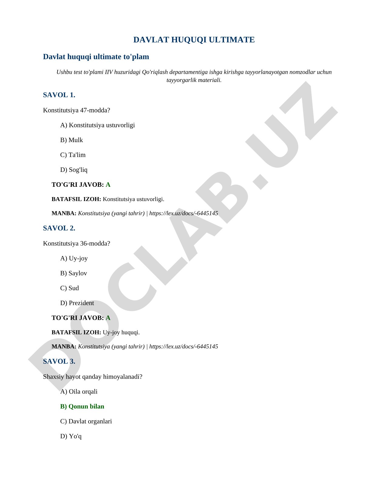 Davlat huquqi bo'yicha testlar to'plami