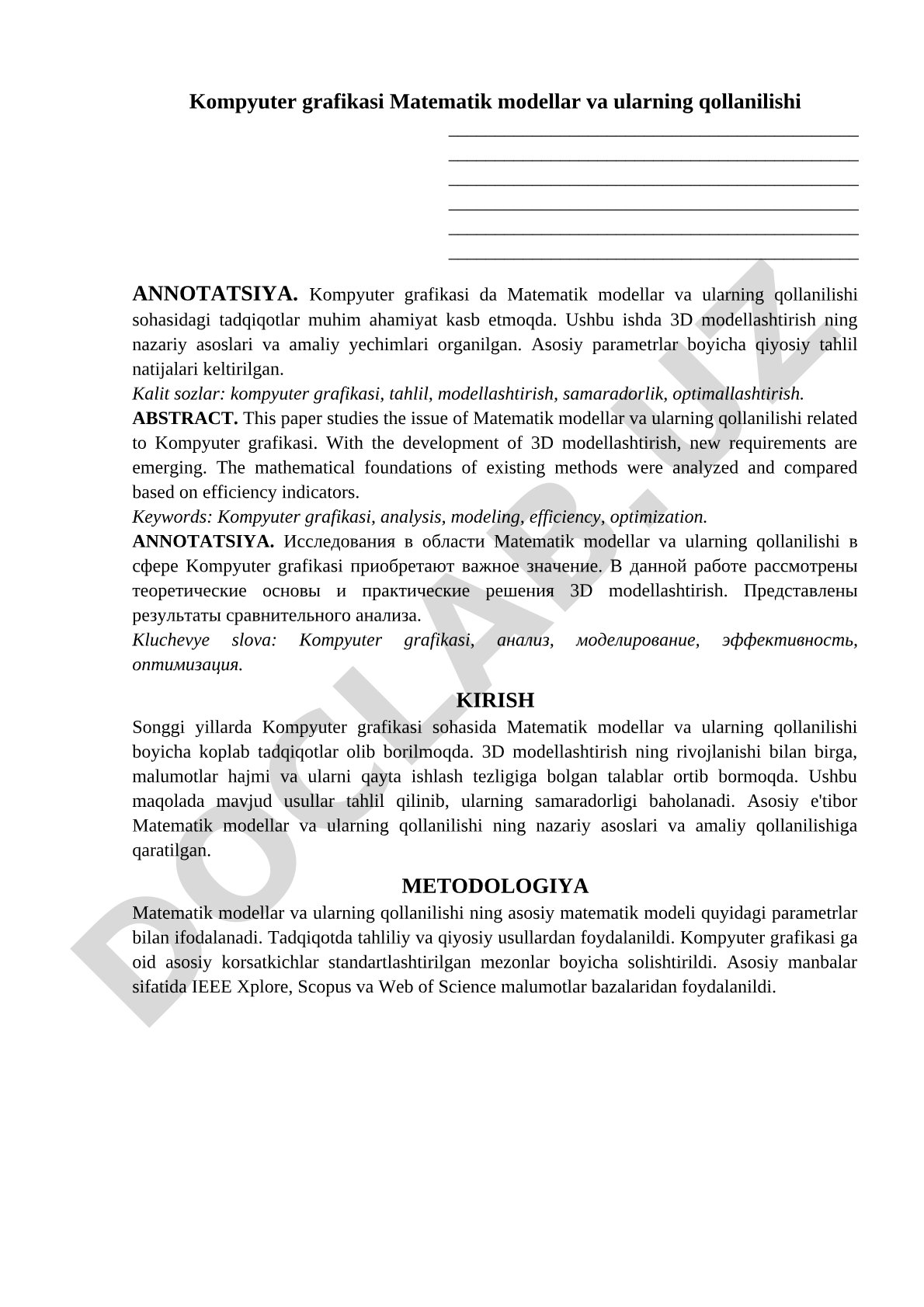 Kompyuter grafikasi Matematik modellar va ularning qollanilishi