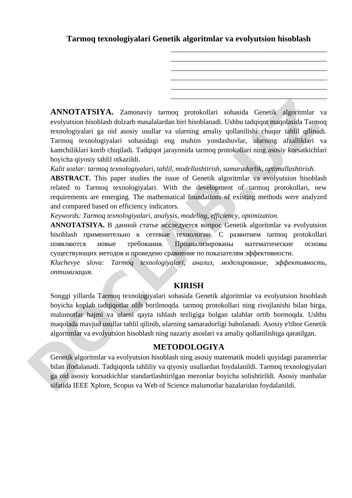 Tarmoq texnologiyalari Genetik algoritmlar va evolyutsion hisoblash