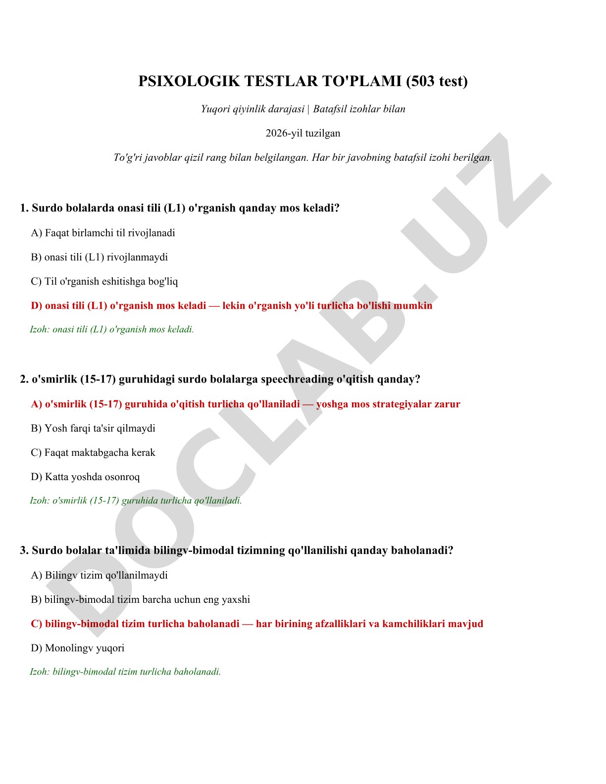 Psixologik testlar to'plami (503 test)