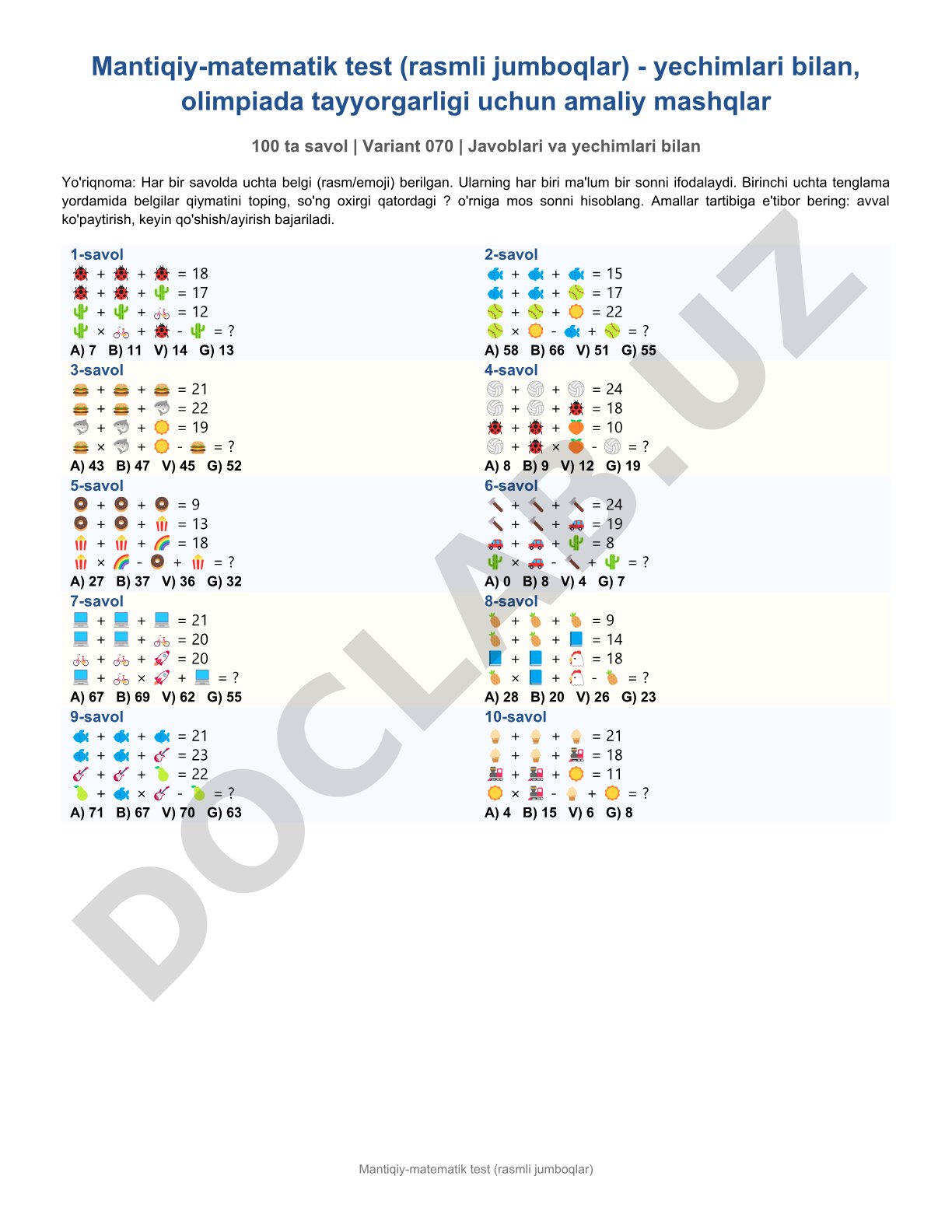 Mantiqiy-matematik test (rasmli jumboqlar)