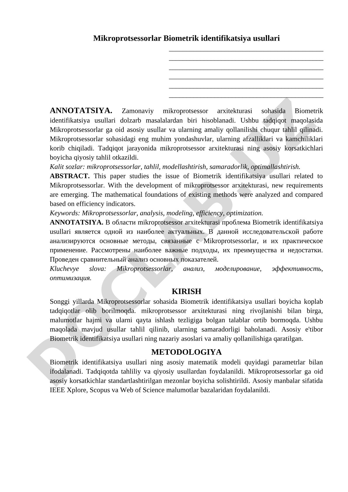 Mikroprotsessorlar Biometrik identifikatsiya usullari