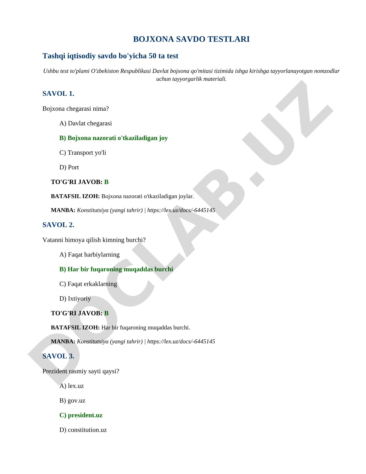 Tashqi iqtisodiy savdo bo'yicha 50 ta test