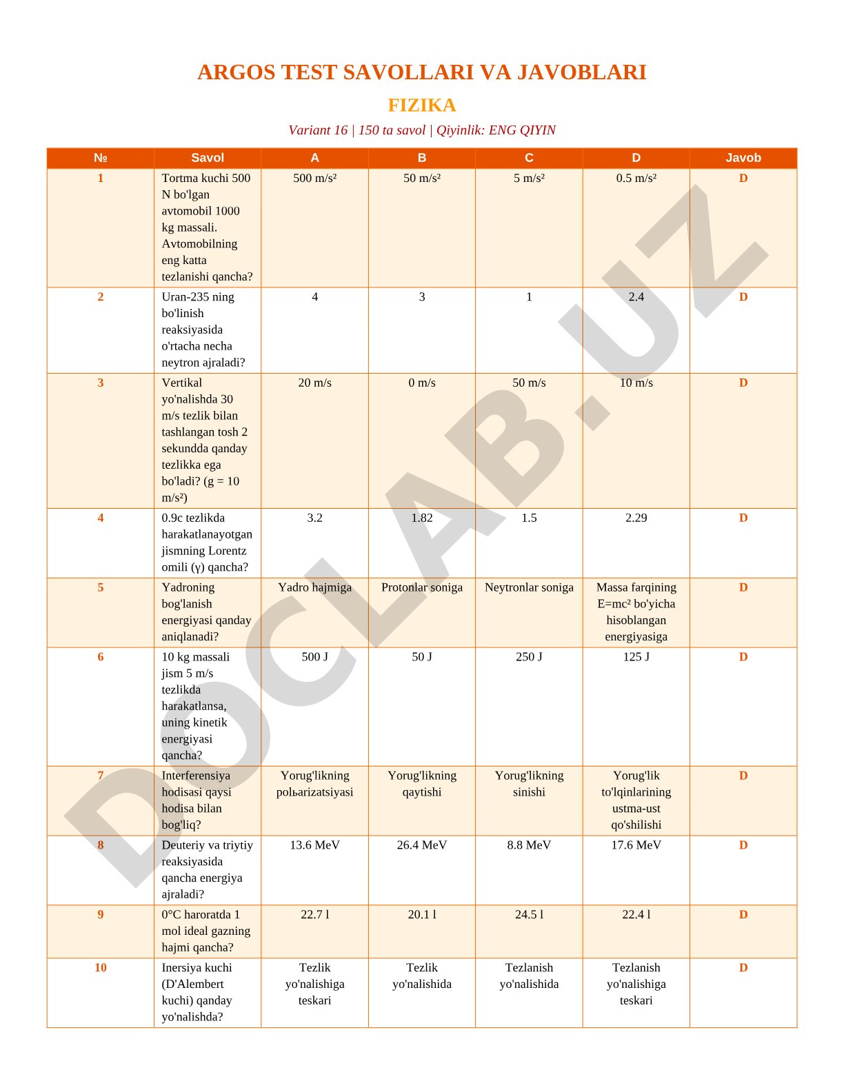 ARGOS TEST SAVOLLARI VA JAVOBLARI FIZIKA Variant 16