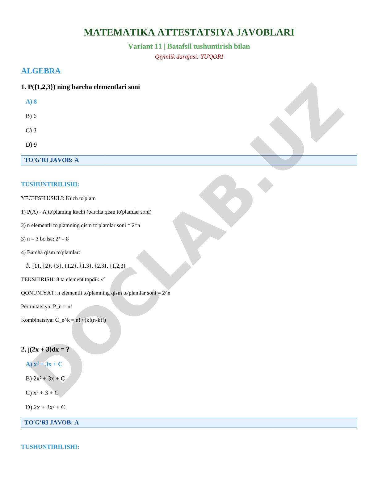 Matematika attestatsiya javoblari - Variant 11