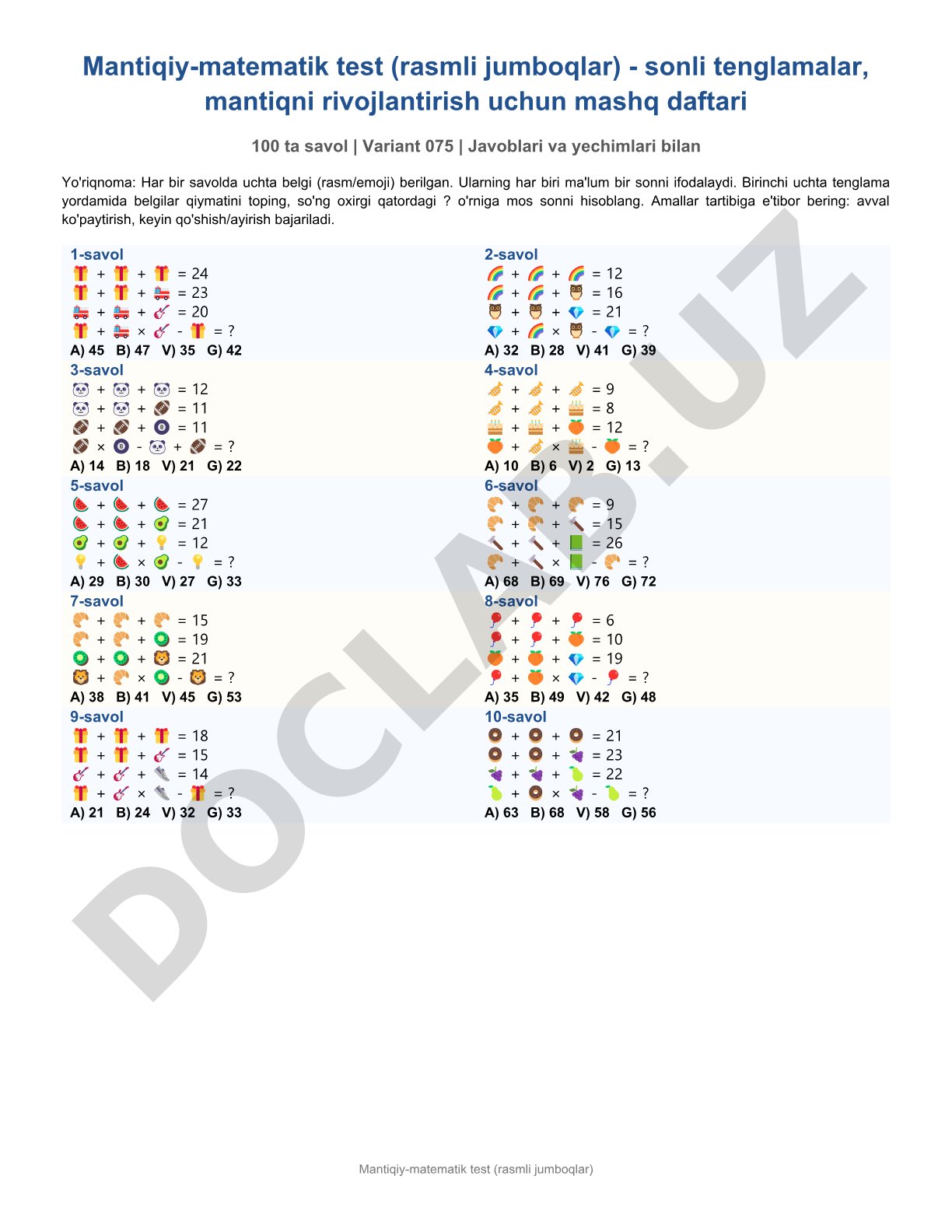 Mantiqiy-matematik test (rasmli jumboqlar)
