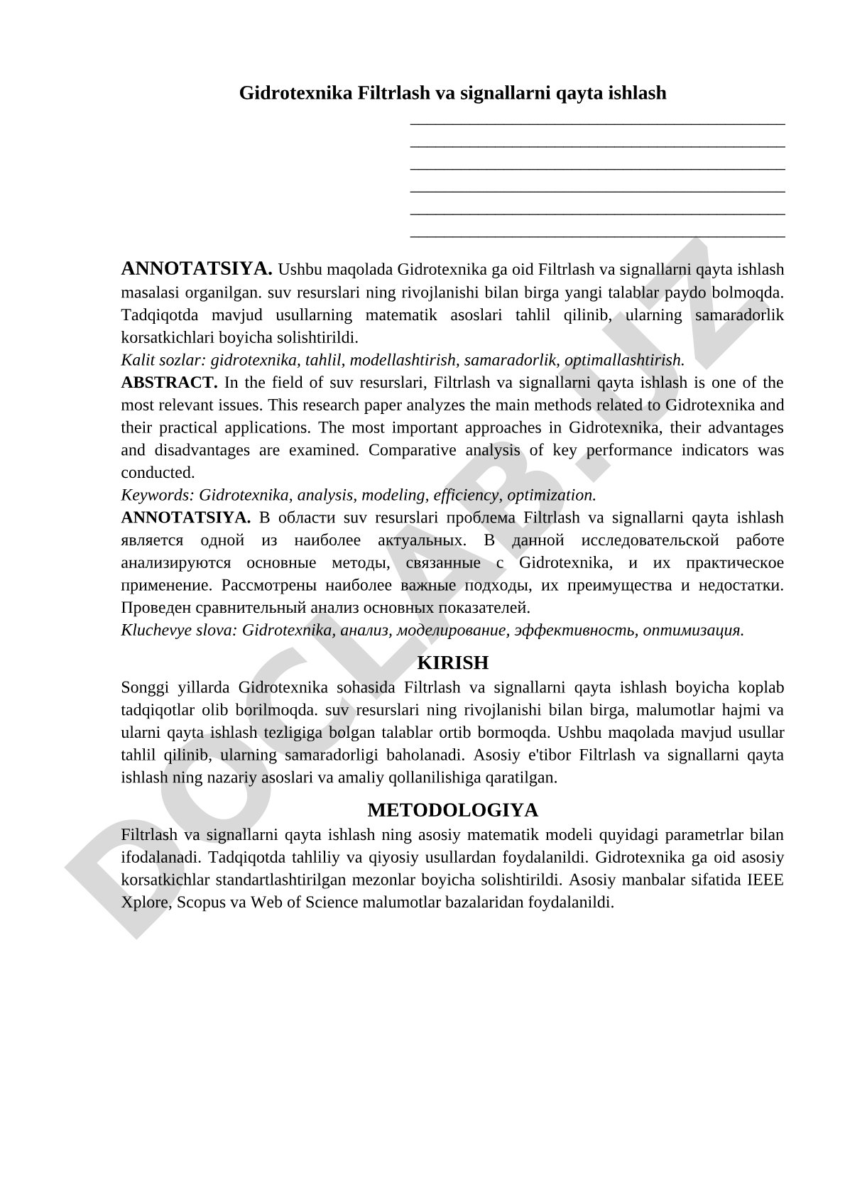 Gidrotexnika Filtrlash va signallarni qayta ishlash