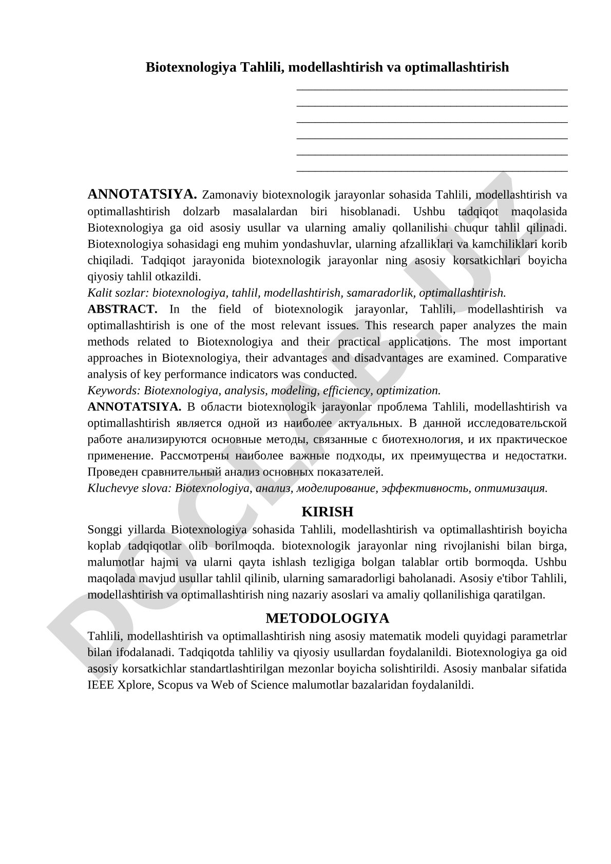 Biotexnologiya Tahlili, modellashtirish va optimallashtirish