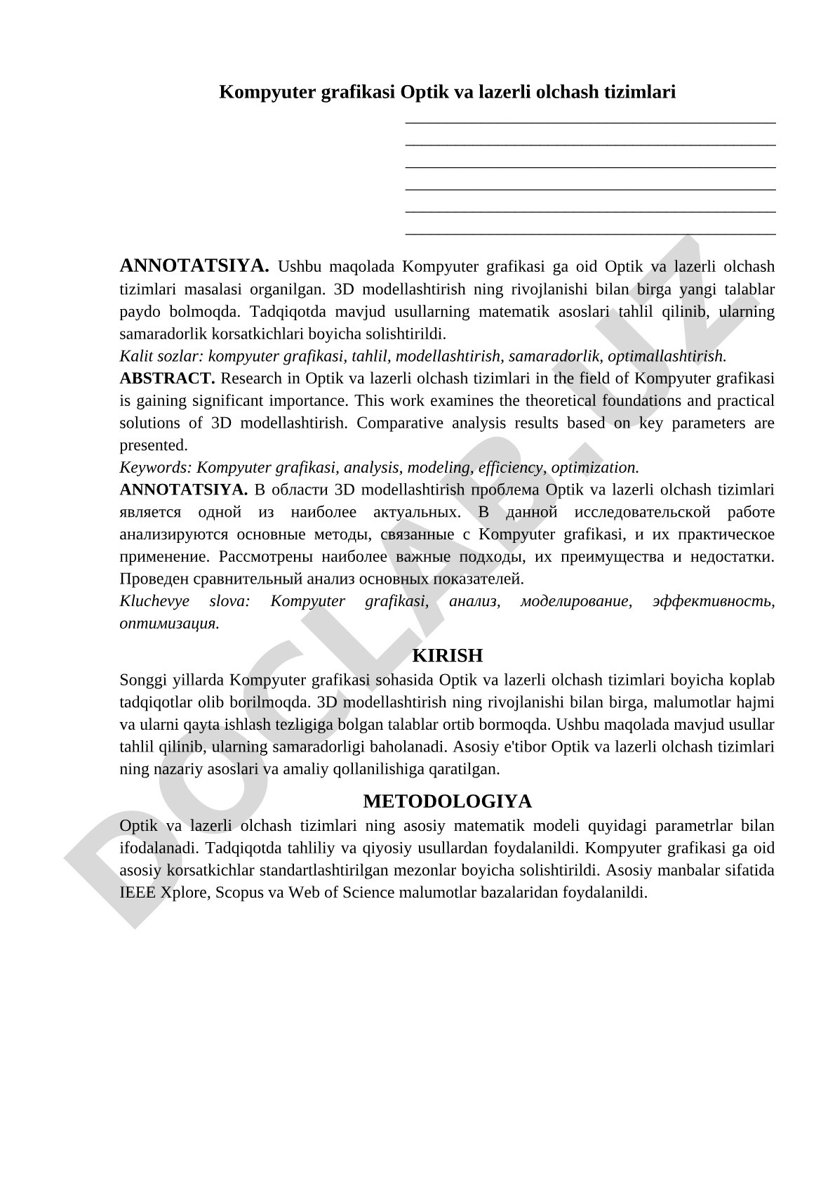 Kompyuter grafikasi Optik va lazerli olchash tizimlari