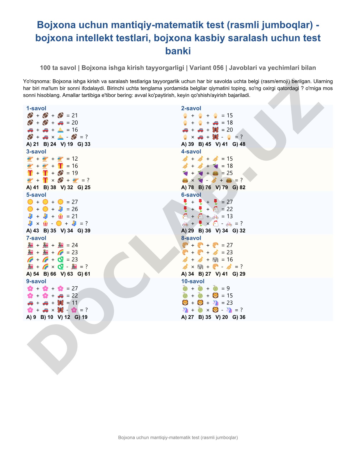 Bojxona uchun mantiqiy-matematik test (rasmli jumboqlar)