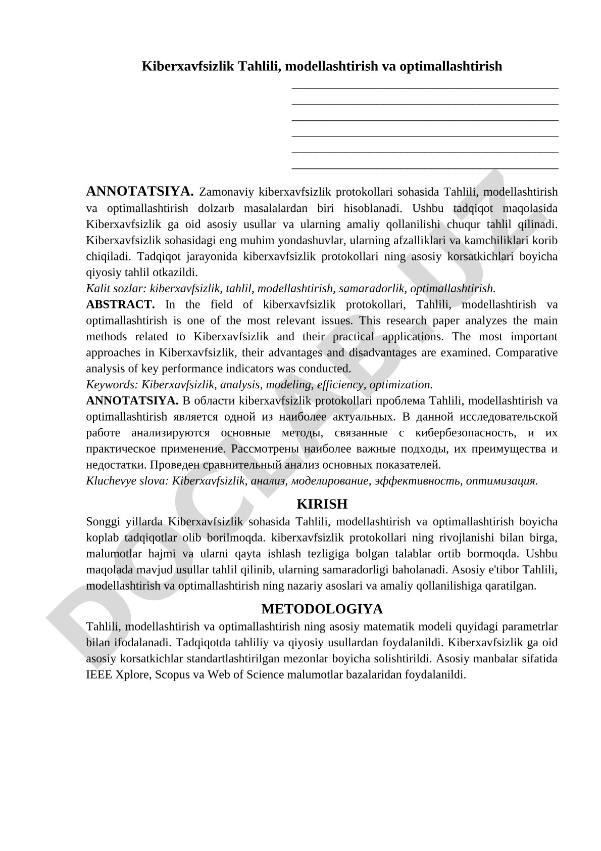 Kiberxavfsizlik Tahlili, modellashtirish va optimallashtirish