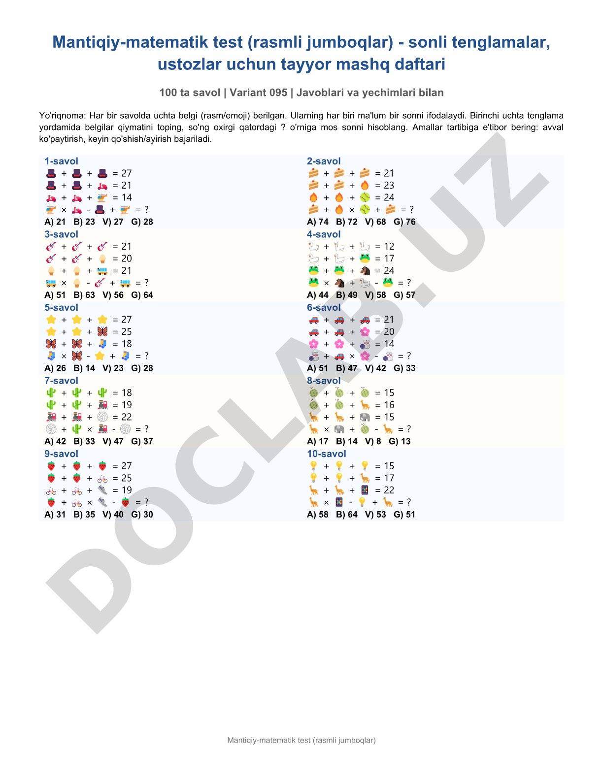 Mantiqiy-matematik test (rasmli jumboqlar) - 100 savollik mashq daftari