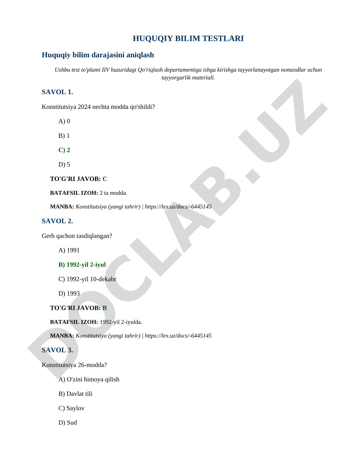 Huquqiy bilim testlari