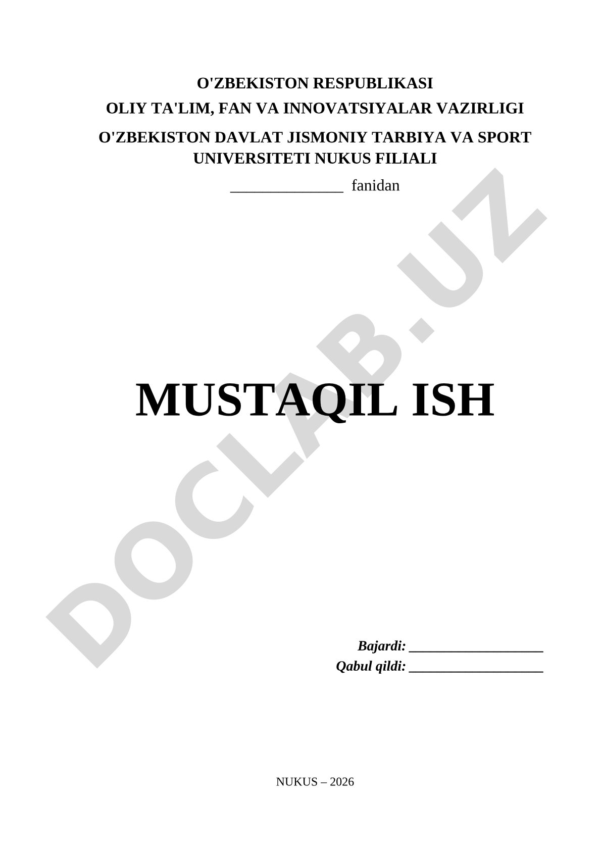 O'zbekiston Davlat Jismoniy Tarbiya va Sport Universiteti Nukus filialida mustaqil ish
