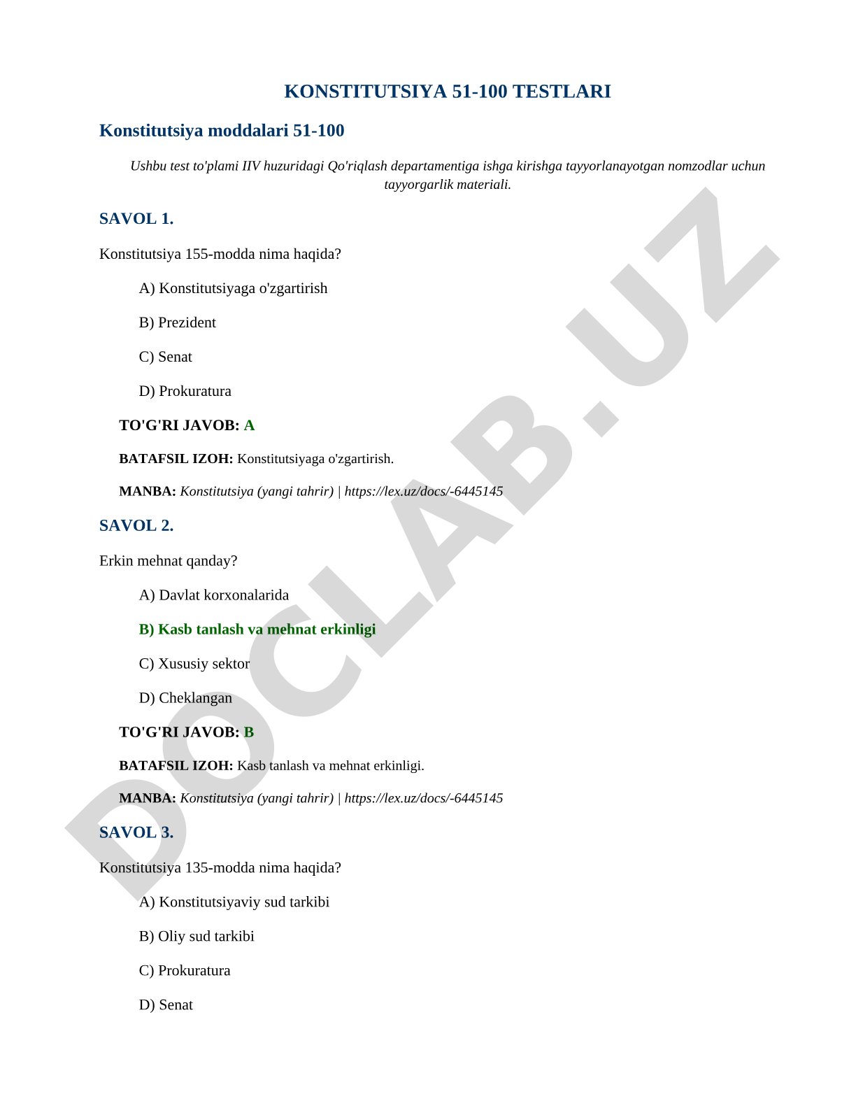 Konstitutsiya 51-100 testlari
