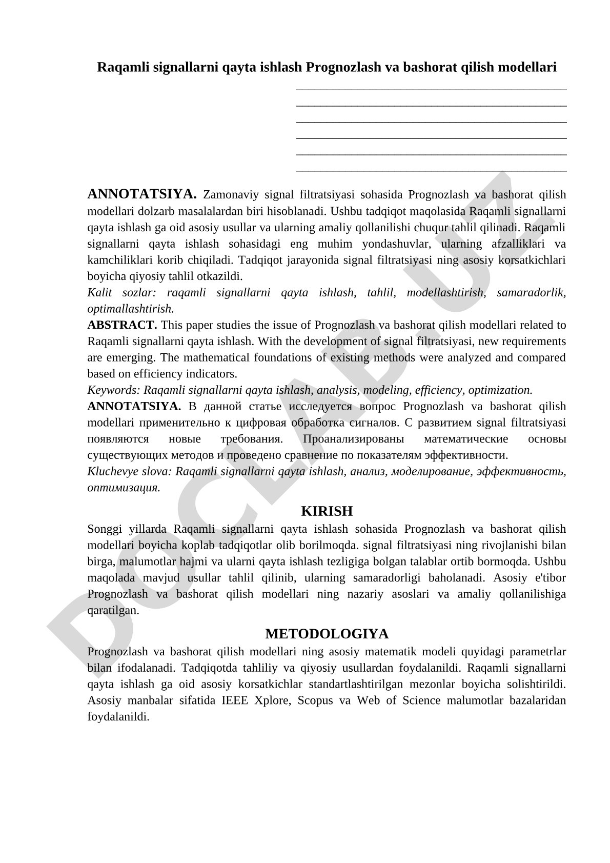 Raqamli signallarni qayta ishlashda prognozlash va bashorat qilish modellari