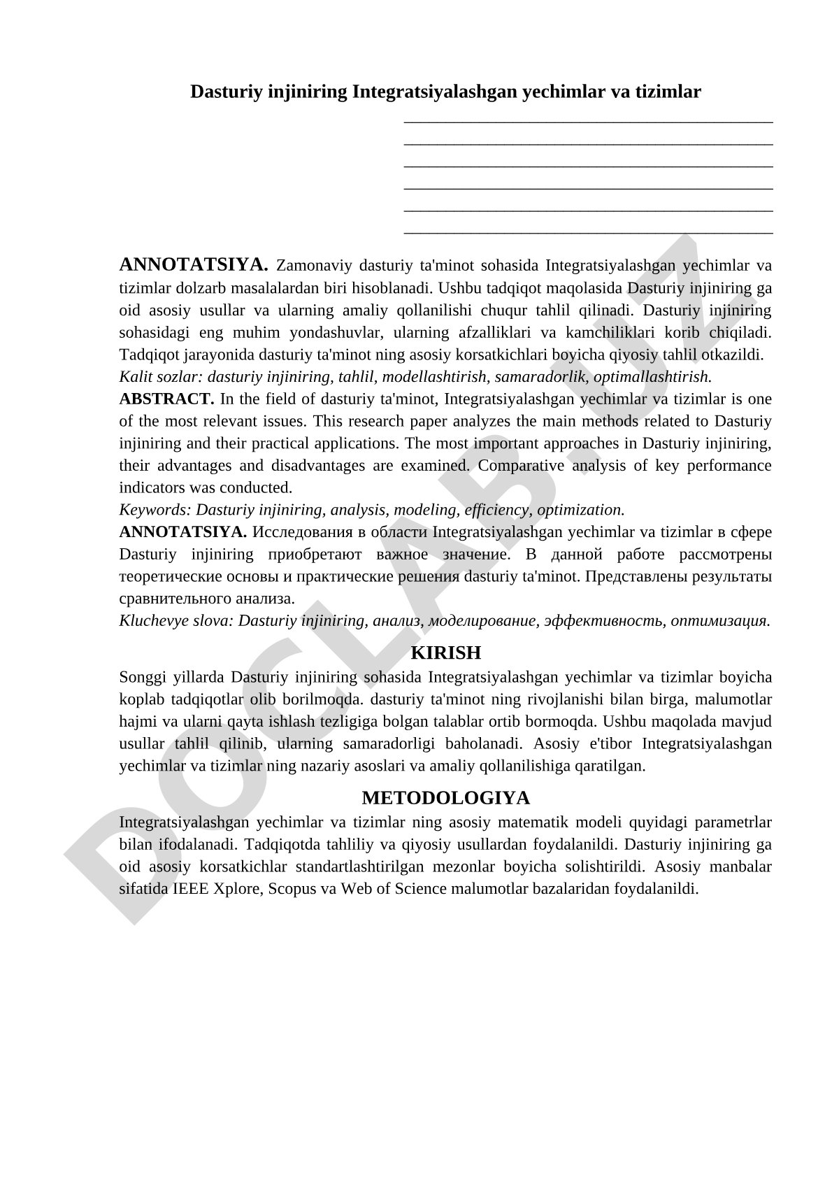 Dasturiy injiniring integratsiyalashgan yechimlar va tizimlar