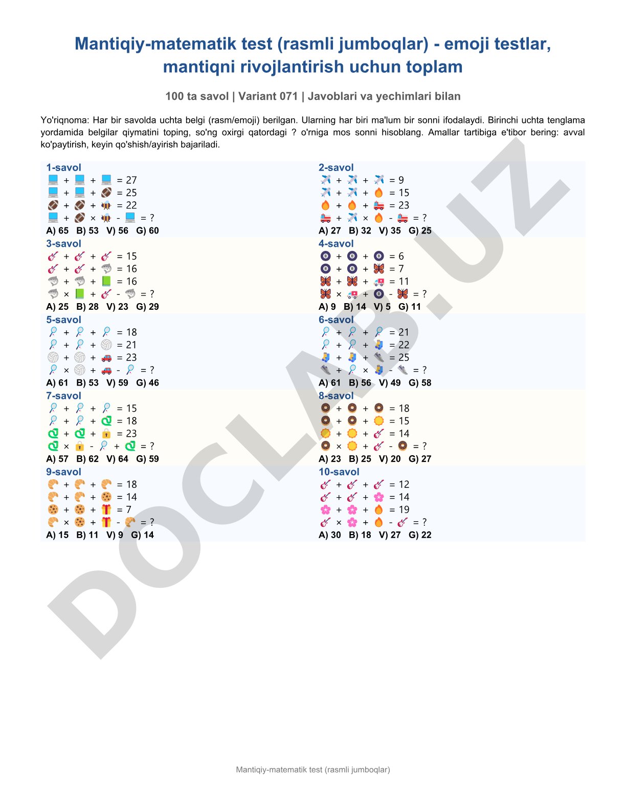 Mantiqiy-matematik test (rasmli jumboqlar)
