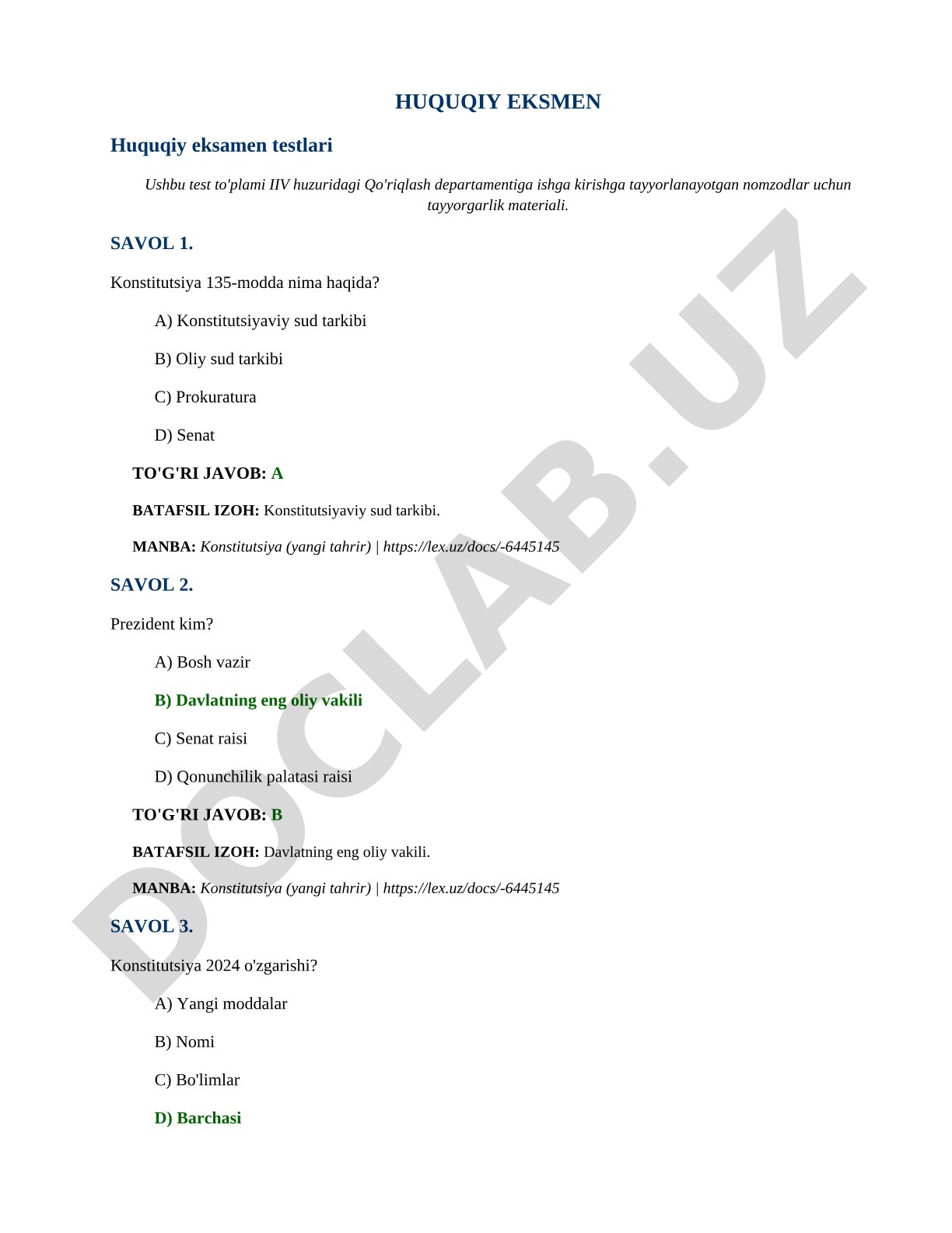 Huquqiy eksamen testlari
