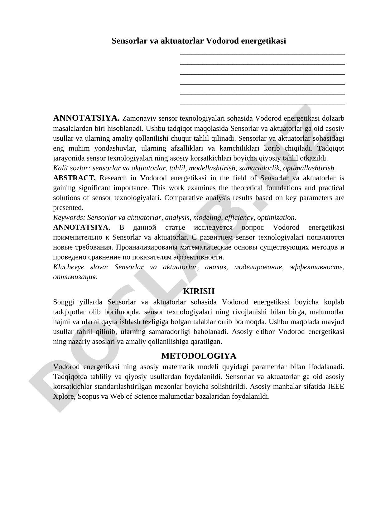 Sensorlar va aktuatorlar Vodorod energetikasi