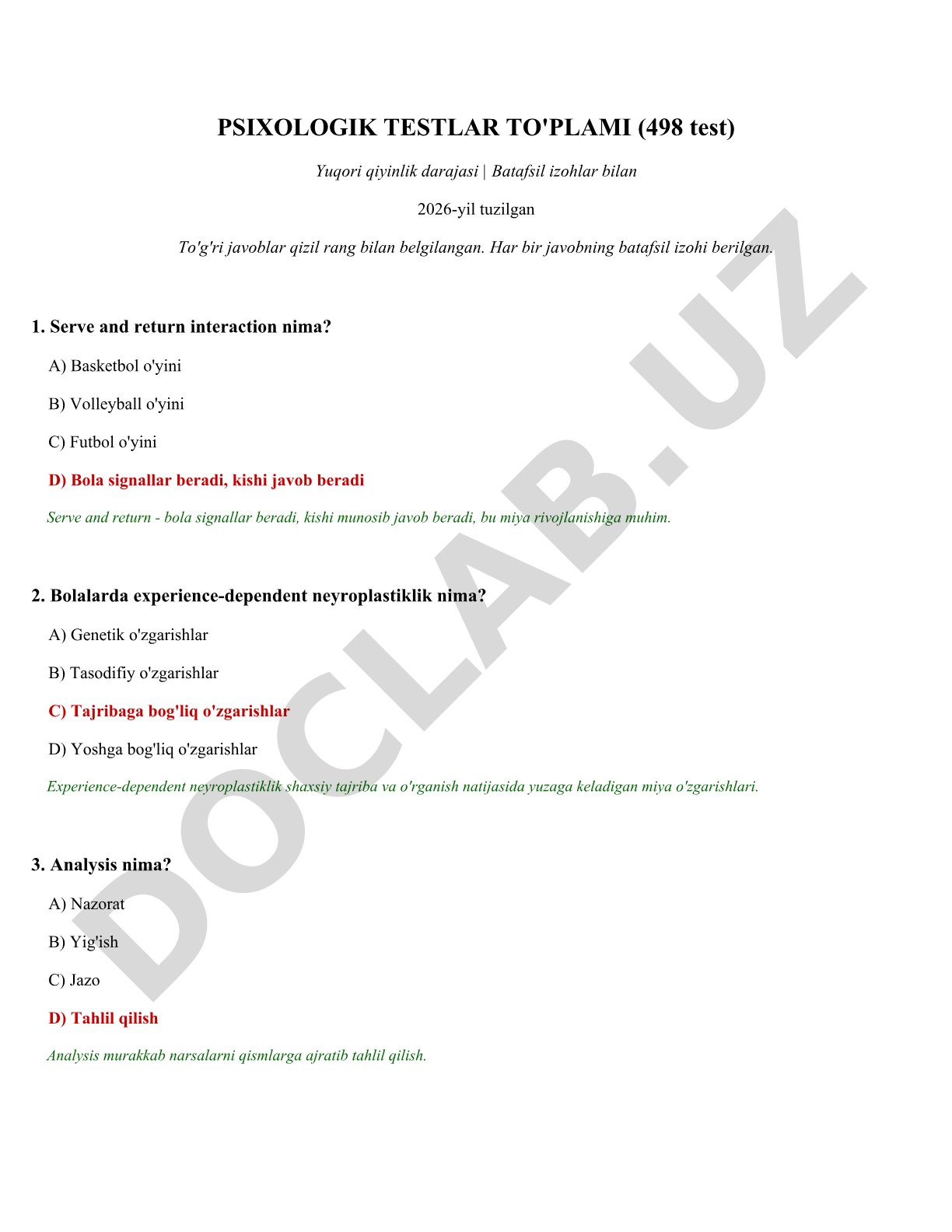 Psixologik testlar to'plami (498 test)