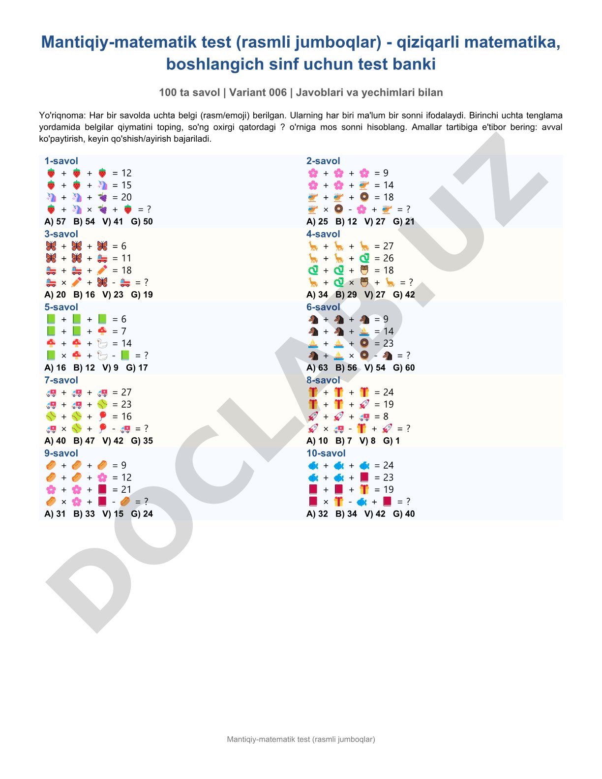 Mantiqiy-matematik test (rasmli jumboqlar) - qiziqarli matematika, boshlangich sinf uchun test banki 100 ta savol | Variant 006 | Javoblari va yechimlari bilan
