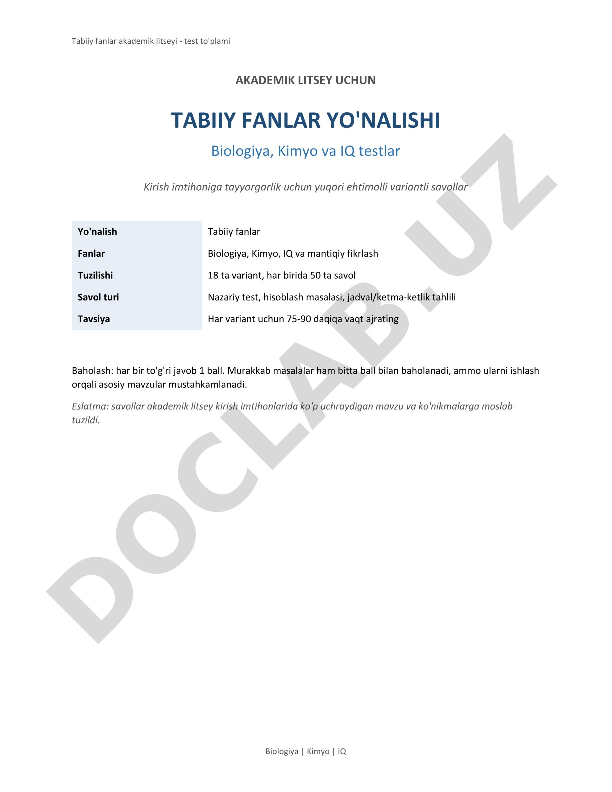 Tabiiy fanlar akademik litseyi test to'plami Biologiya Kimyo IQ