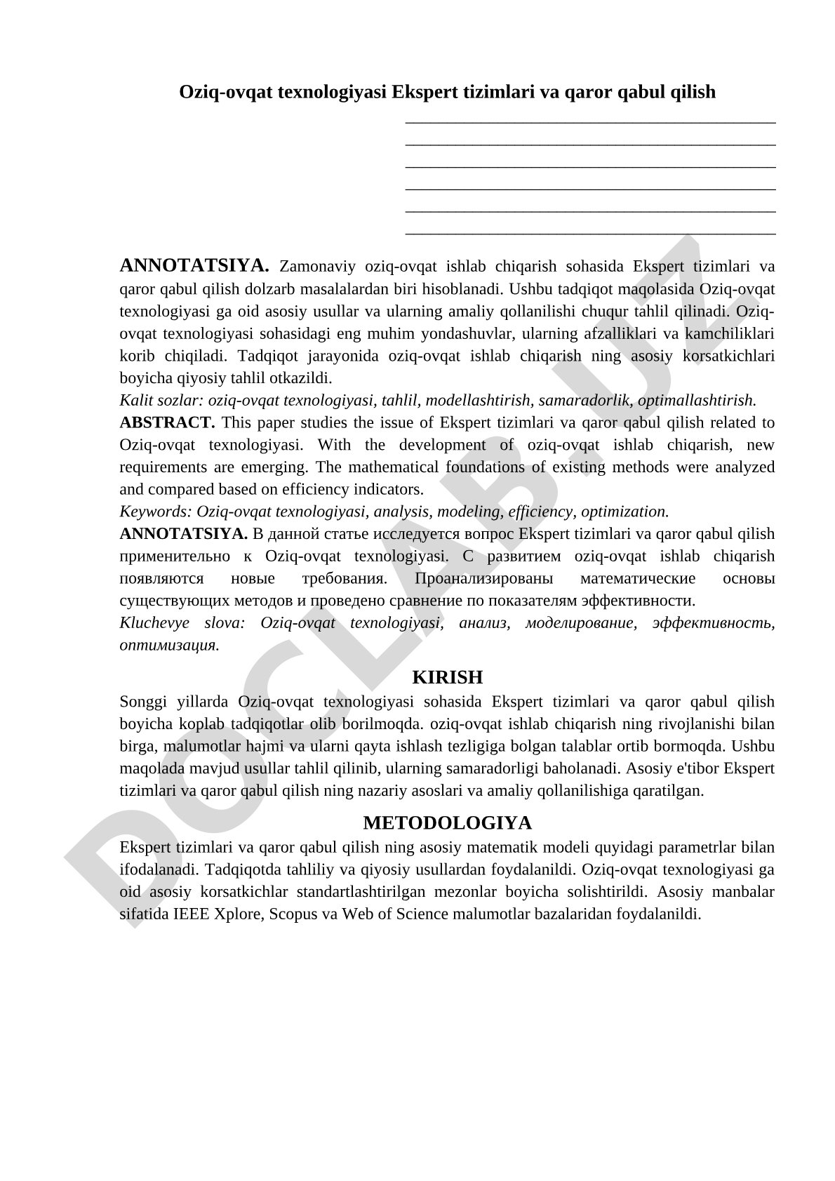 Oziq-ovqat texnologiyasi Ekspert tizimlari va qaror qabul qilish