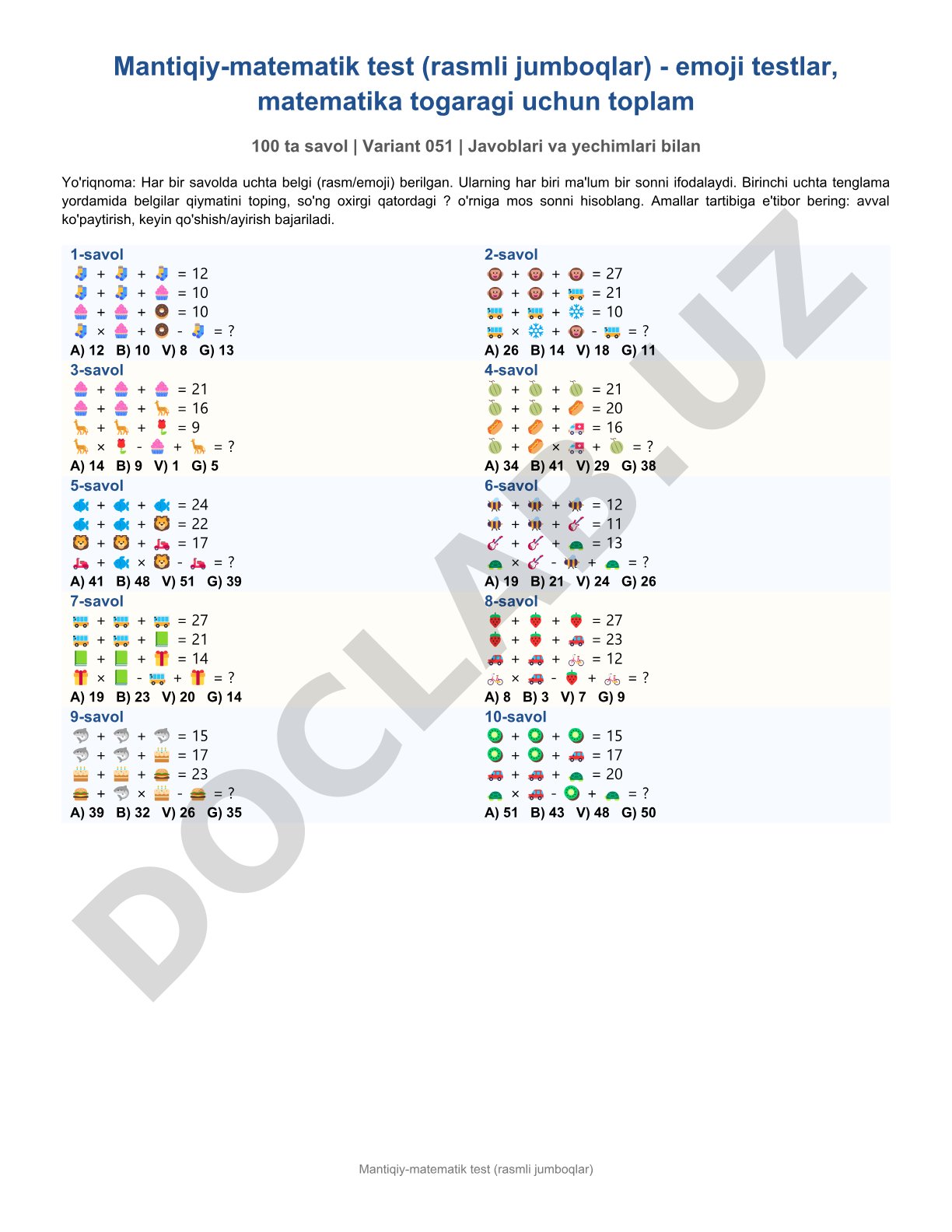 Mantiqiy-matematik test (rasmli jumboqlar)