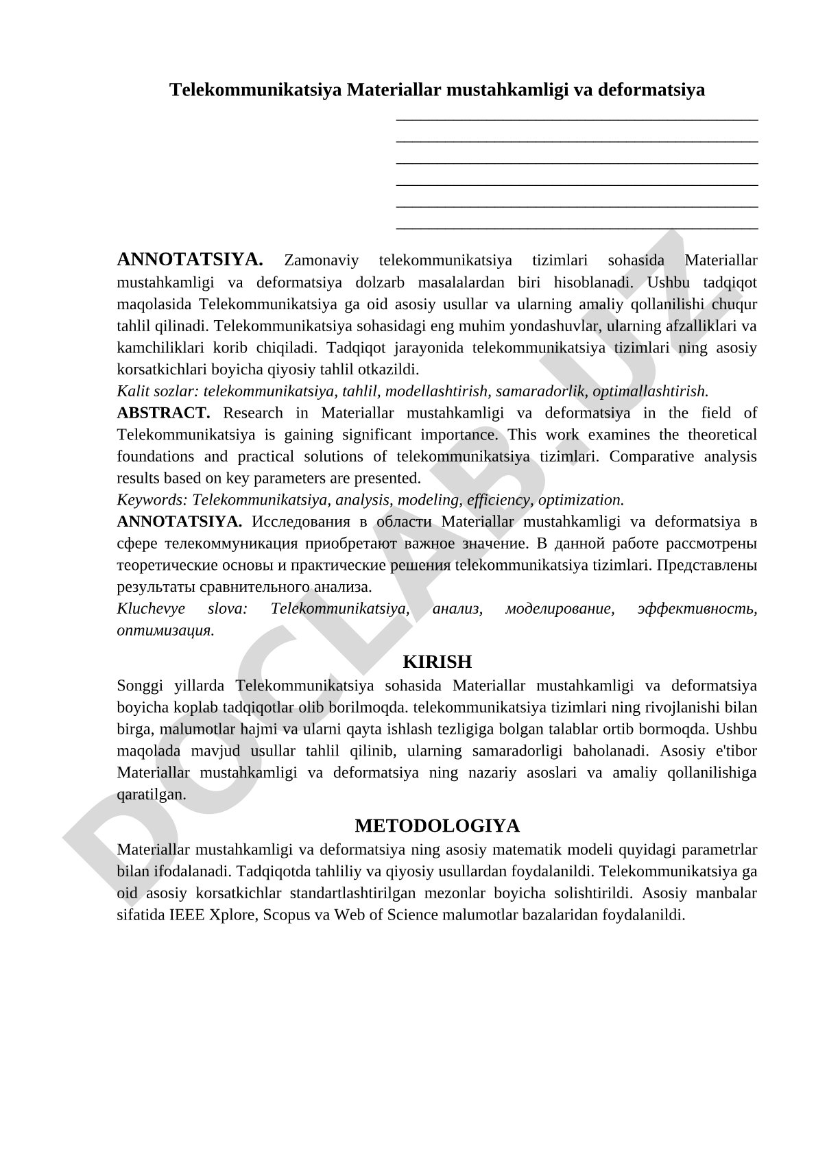 Telekommunikatsiya Materiallar mustahkamligi va deformatsiya