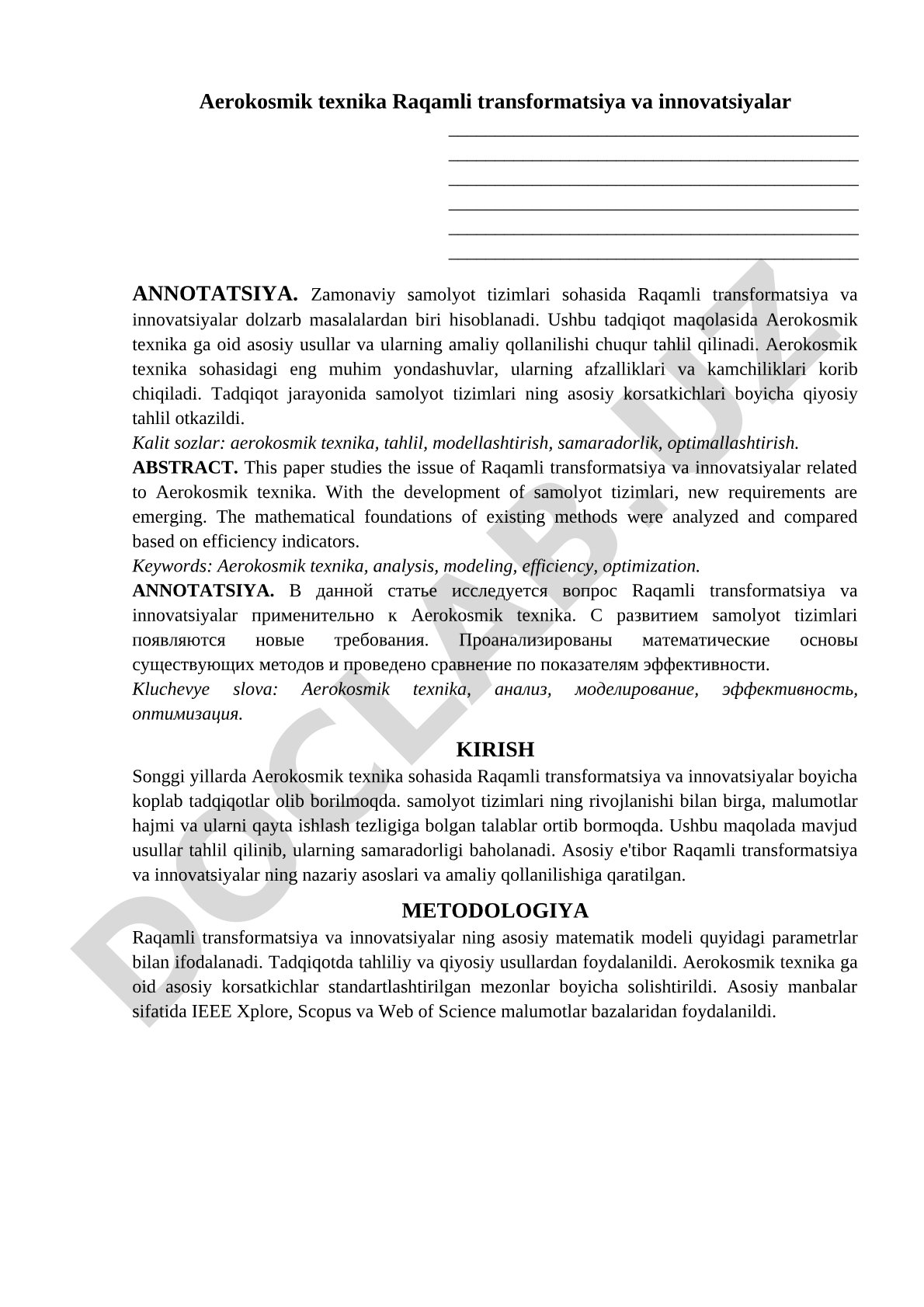 Aerokosmik texnikada raqamli transformatsiya va innovatsiyalar