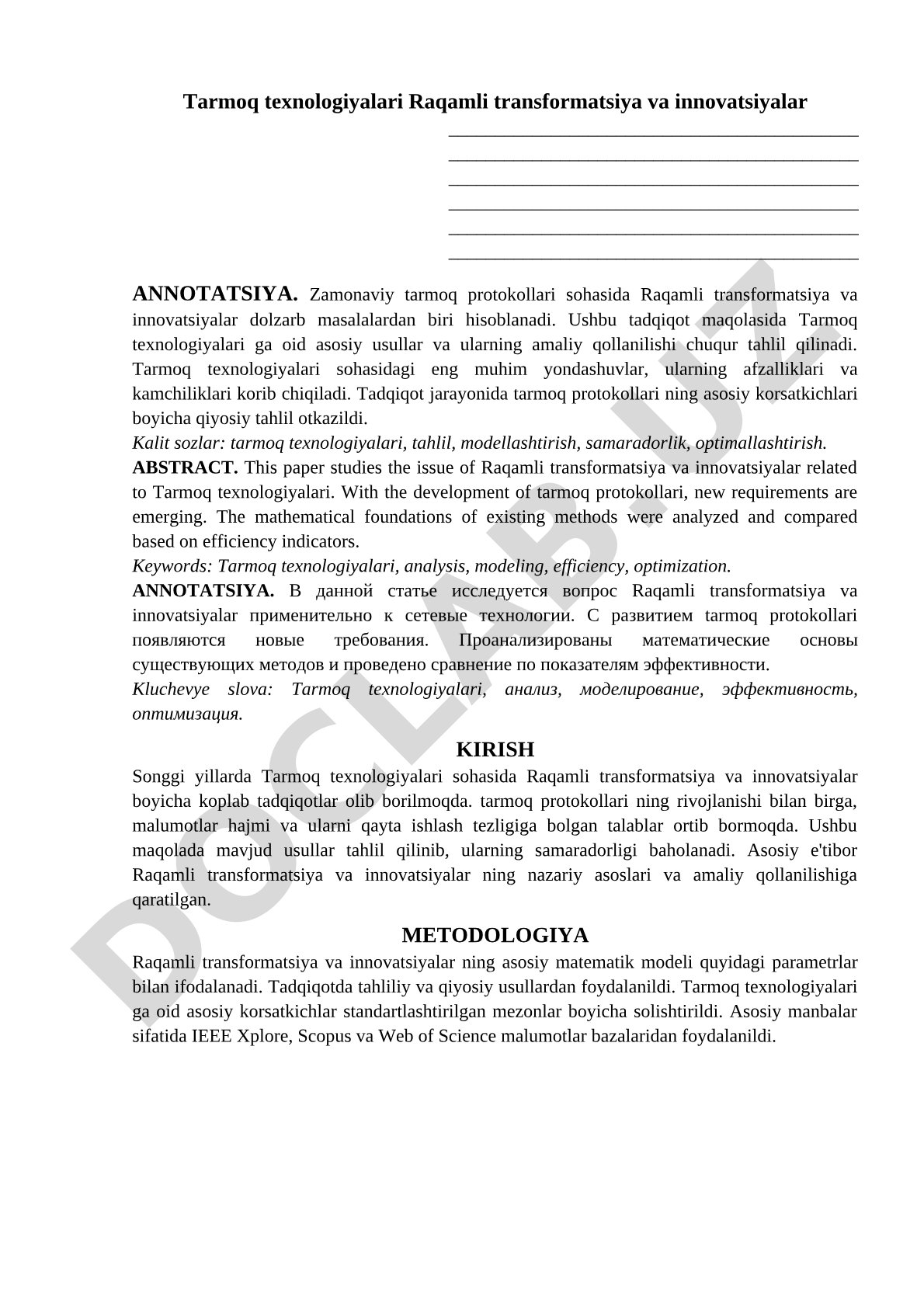 Tarmoq texnologiyalari sohasida raqamli transformatsiya va innovatsiyalar