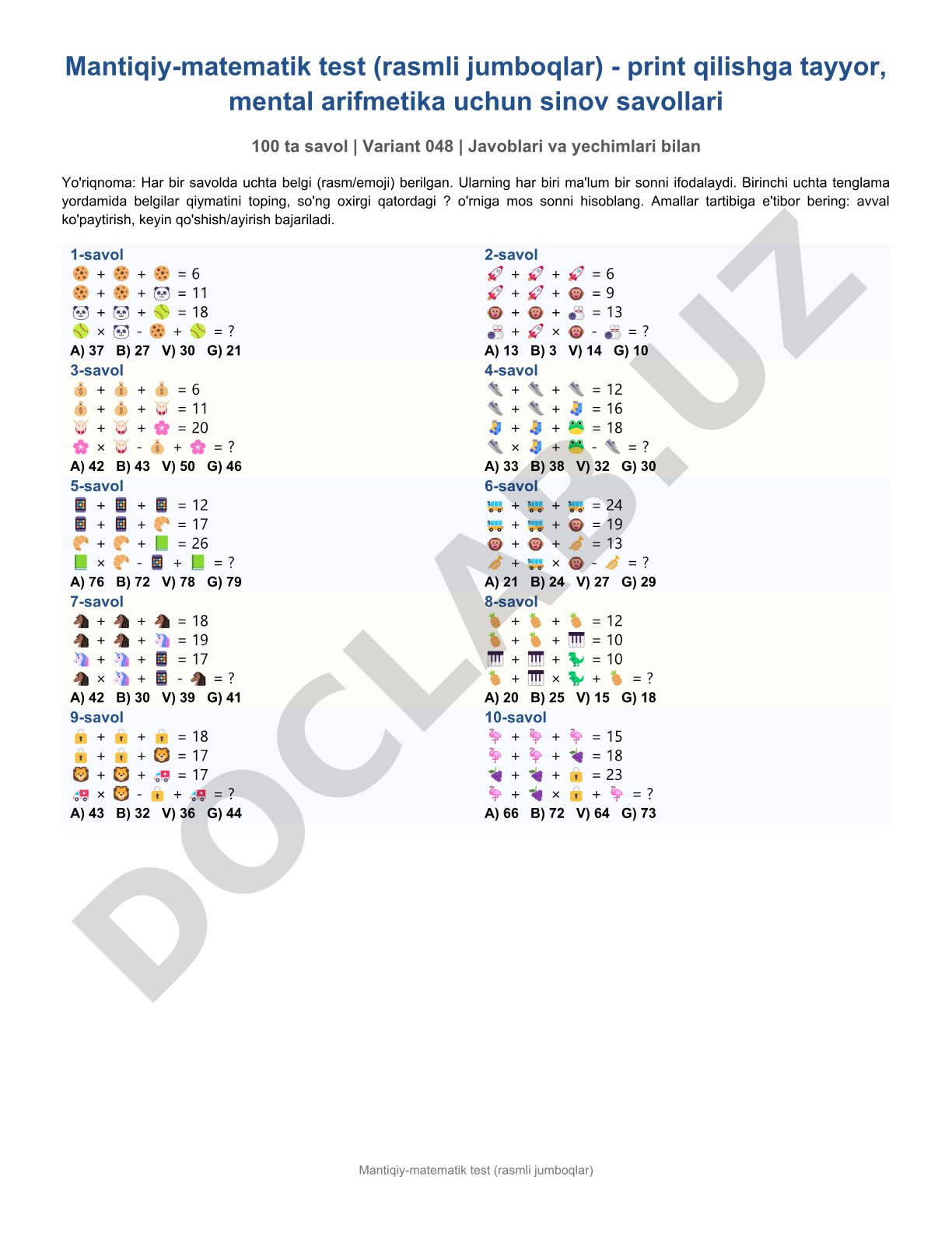 Mantiqiy-matematik test (rasmli jumboqlar)