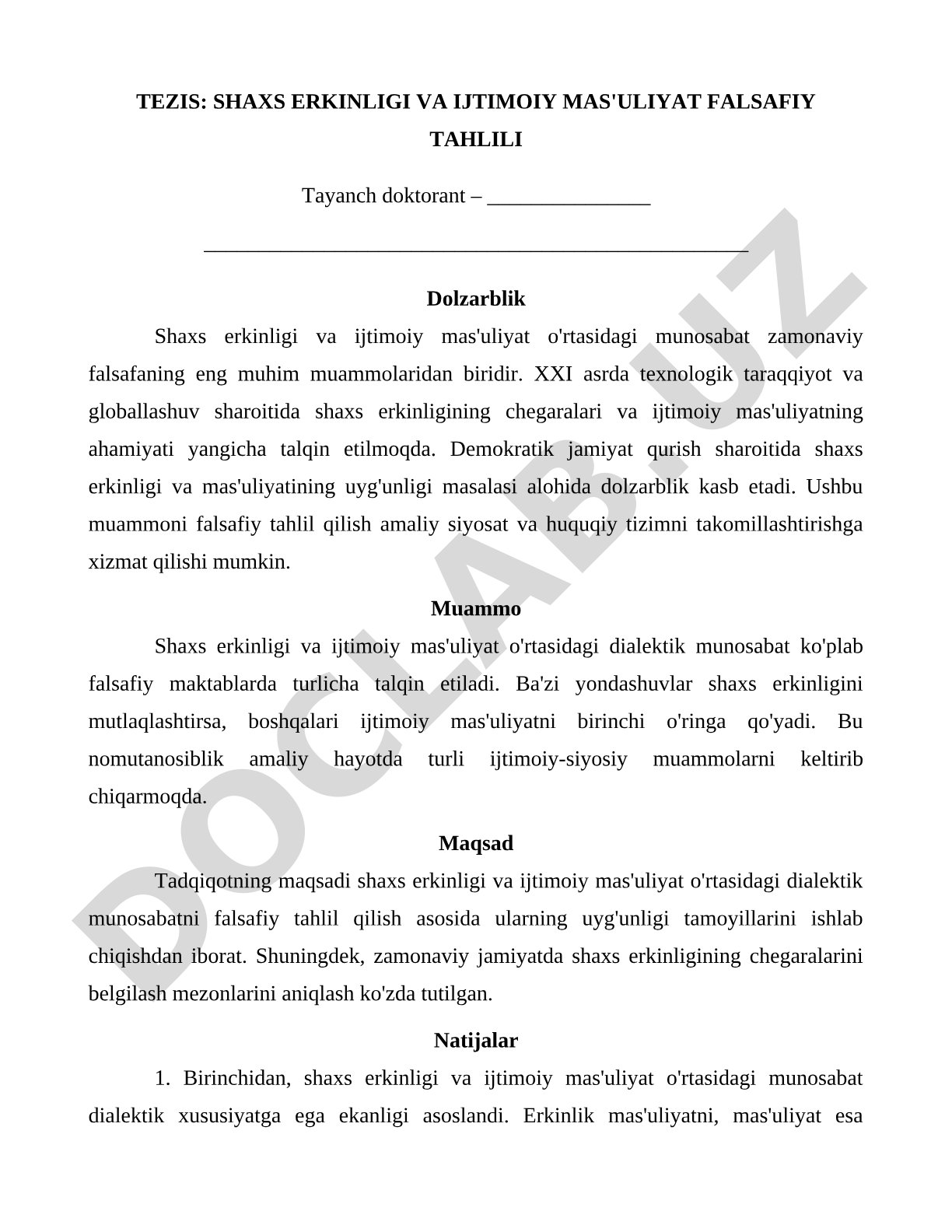 SHAXS ERKINLIGI VA IJTIMOIY MAS'ULIYAT FALSAFIY TAHLILI