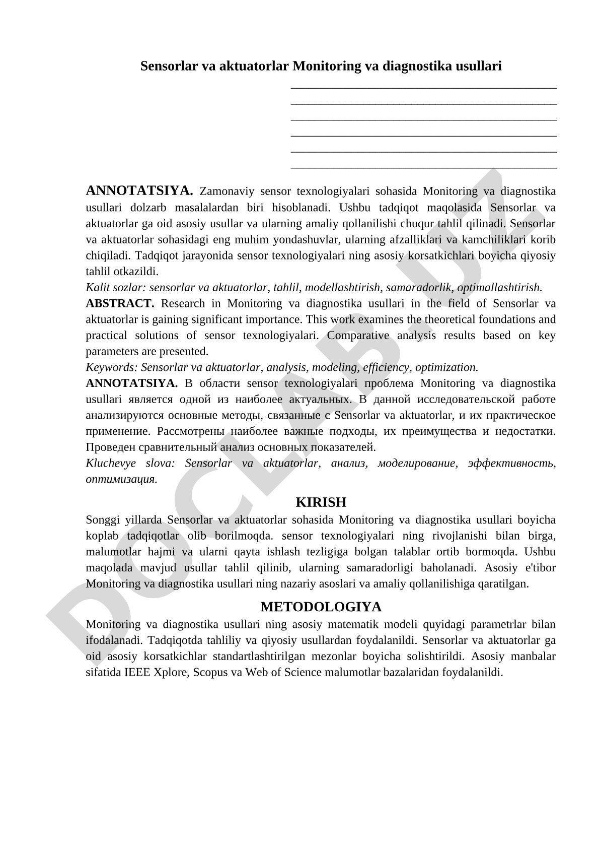 Sensorlar va aktuatorlar Monitoring va diagnostika usullari
