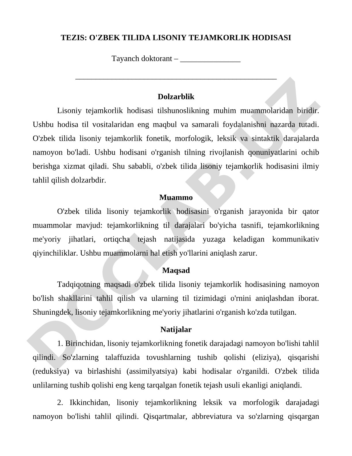 O'zbek tilida lisoniy tejamkorlik hodisasi