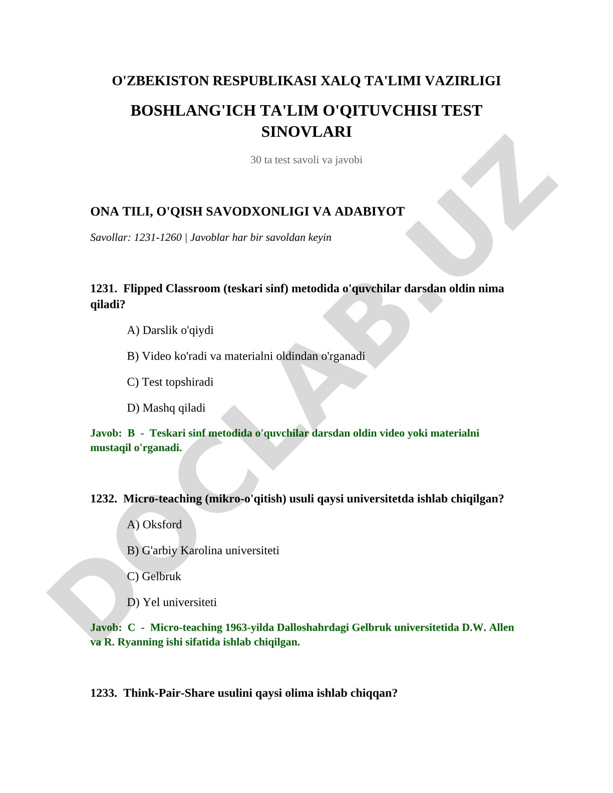 Boshlang'ich ta'lim o'qituvchisi test sinovlari (30 ta test savoli va javobi)