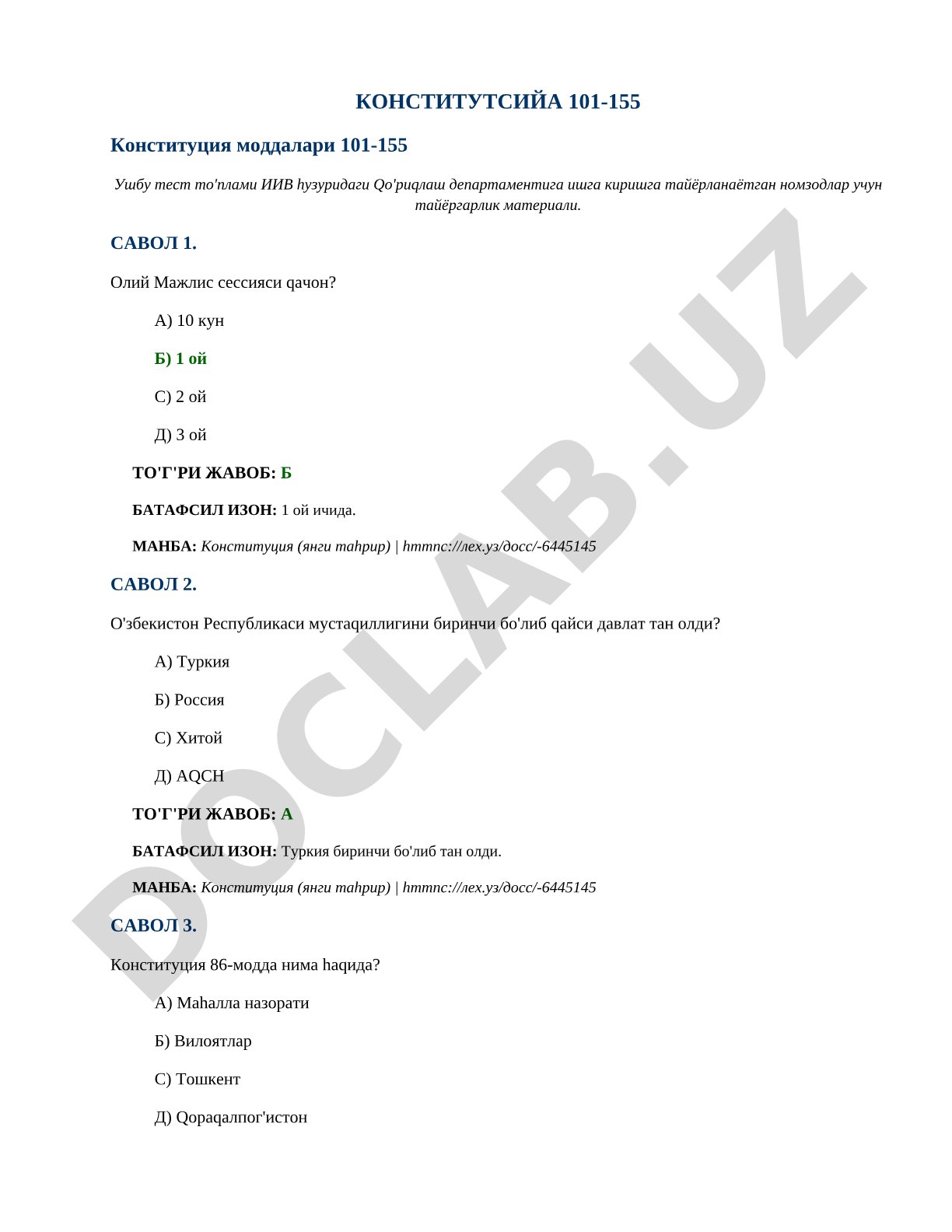 O'zbekiston Konstitutsiyasi 101-155 moddalari bo'yicha test savollari