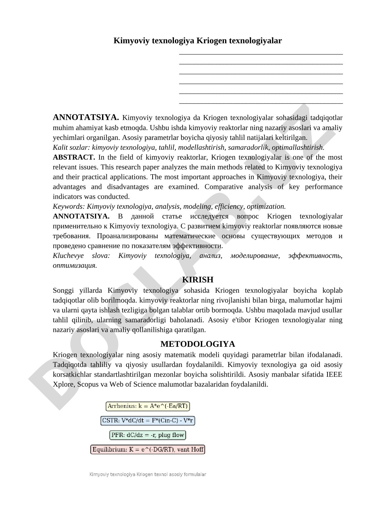 Kimyoviy texnologiya va kriogen texnologiyalar