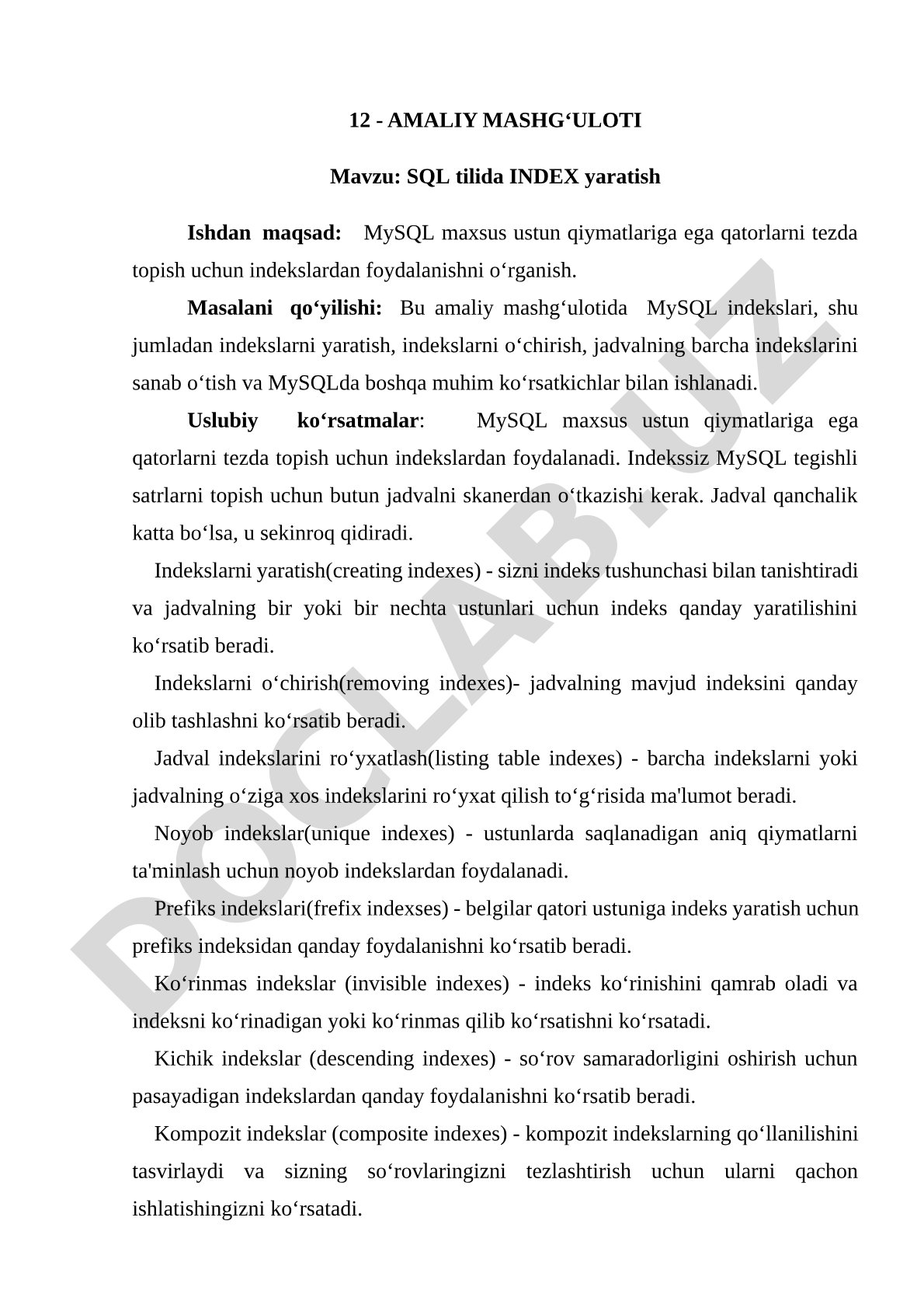 SQL tilida INDEX yaratish