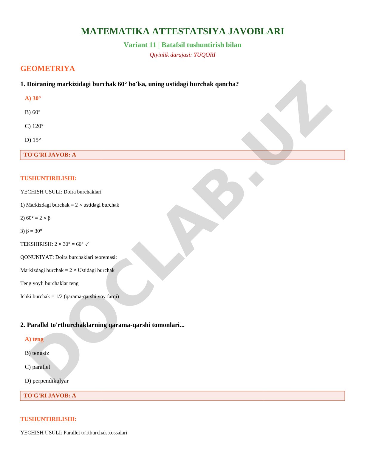 Matematika attestatsiya variant 11 javoblari