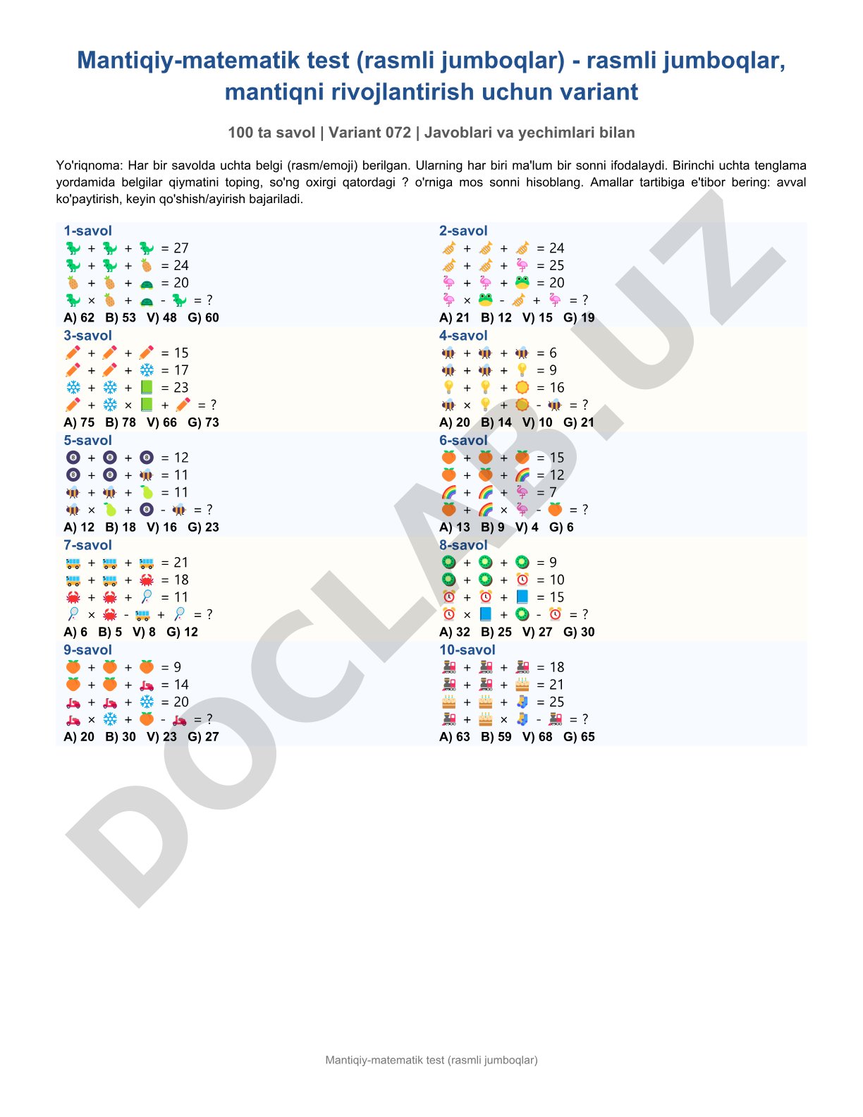 Mantiqiy-matematik test (rasmli jumboqlar)