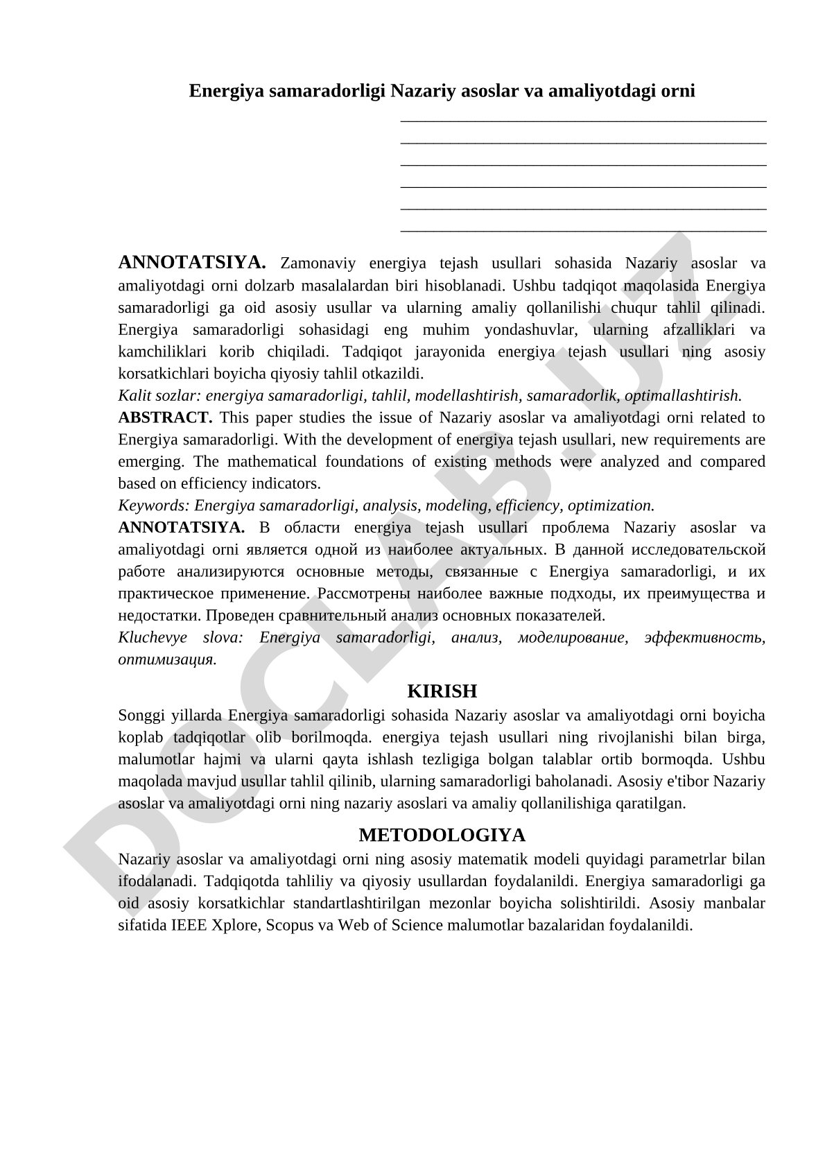 Energiya samaradorligi Nazariy asoslar va amaliyotdagi o'rni