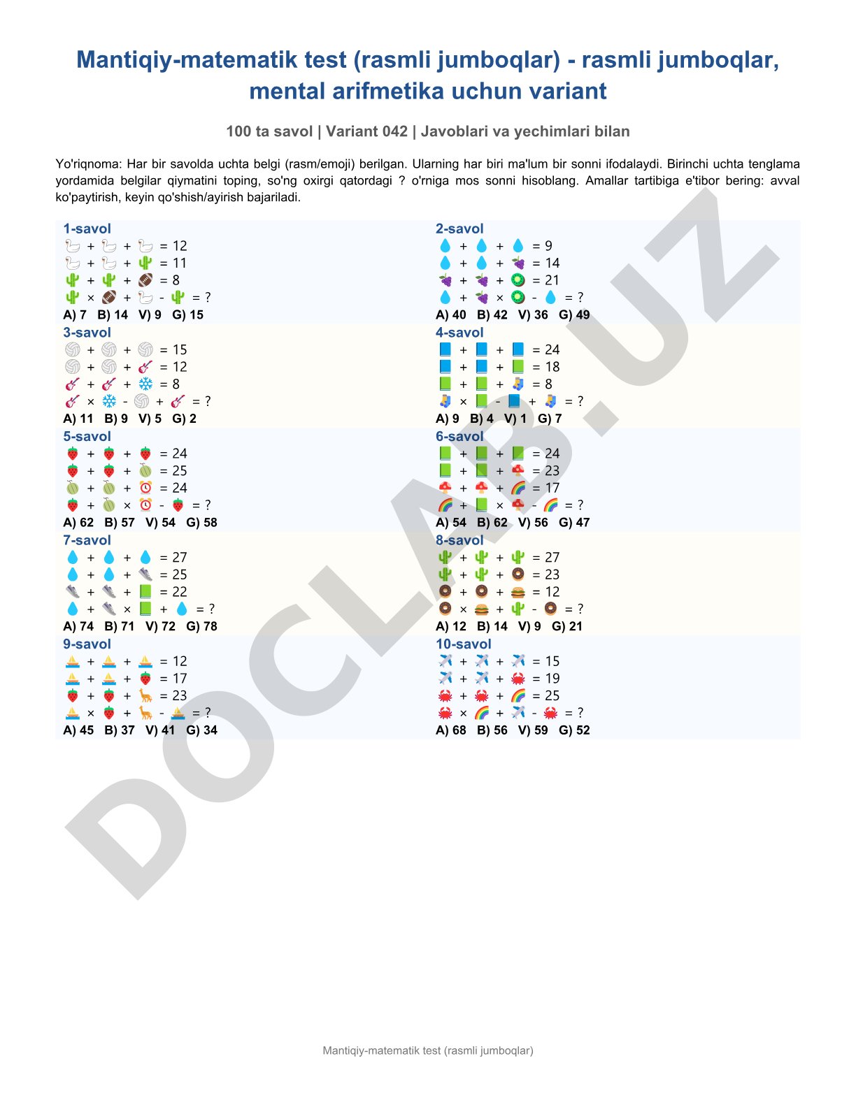 Mantiqiy-matematik test (rasmli jumboqlar)