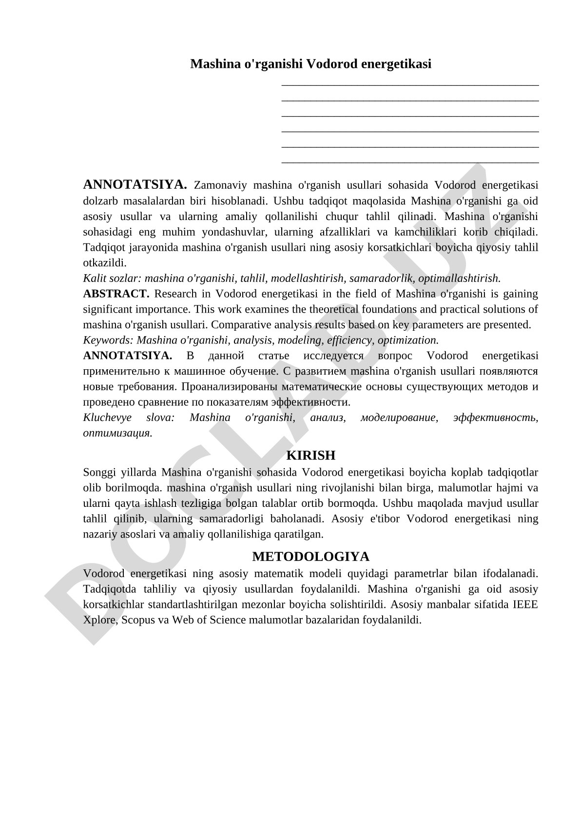 Mashina o'rganishi Vodorod energetikasi