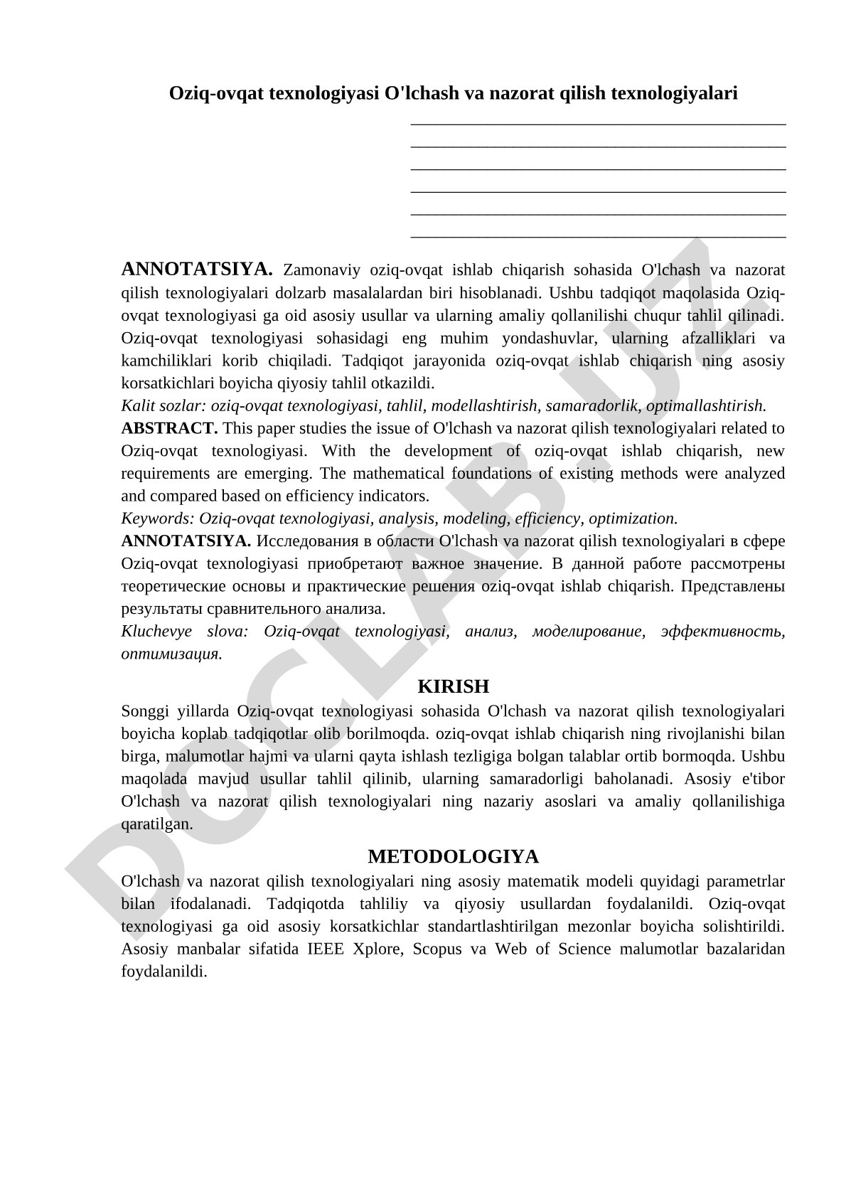 Oziq-ovqat texnologiyasi O'lchash va nazorat qilish texnologiyalari