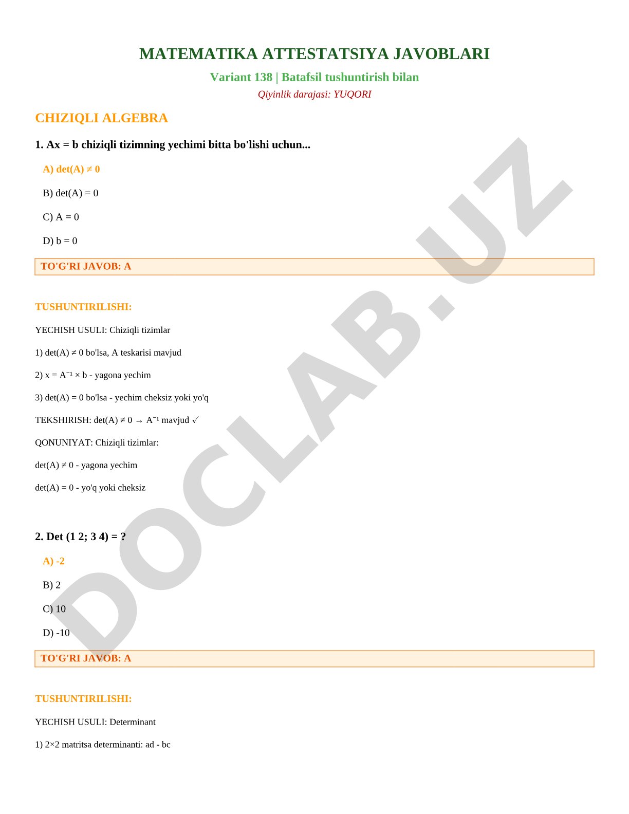 MATEMATIKA ATTESTATSIYA JAVOBLARI 138-VARIANT