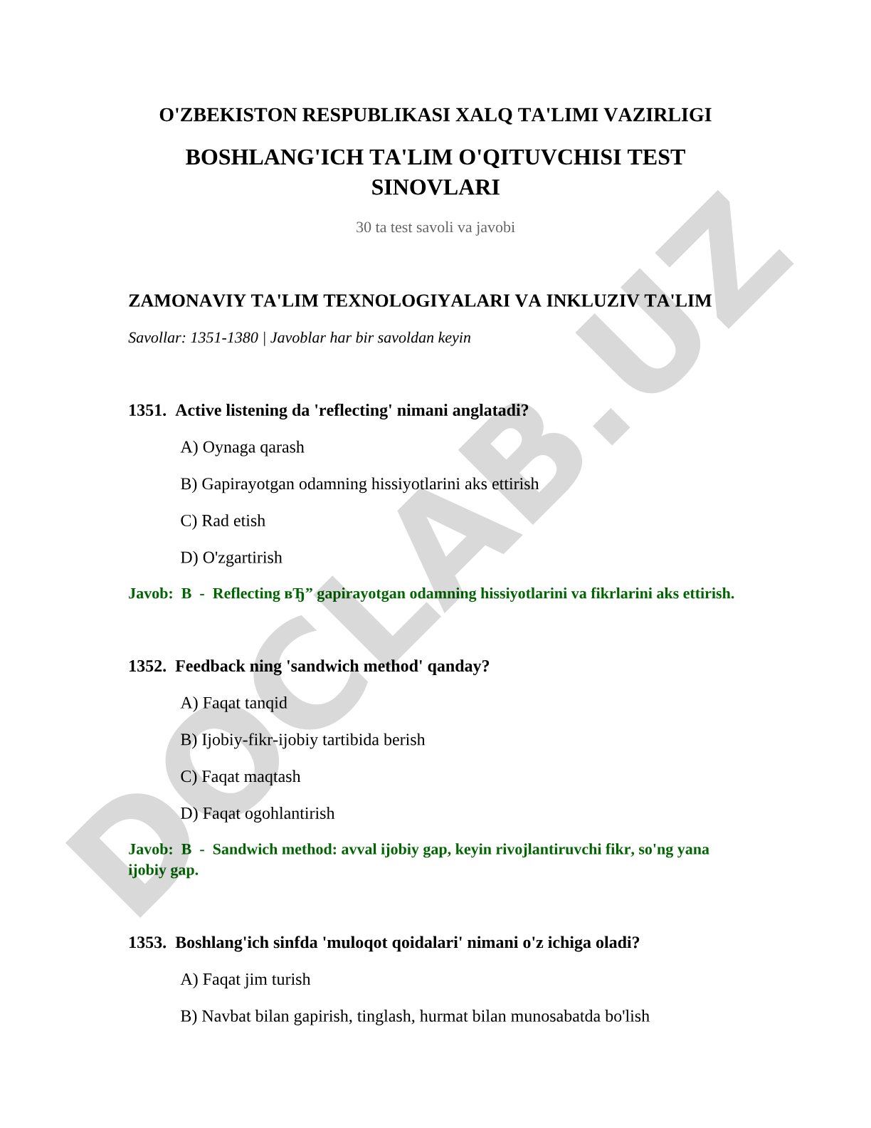 Boshlang'ich ta'lim o'qituvchisi test sinovlari: Zamonaviy ta'lim texnologiyalari va inklyuziv ta'lim