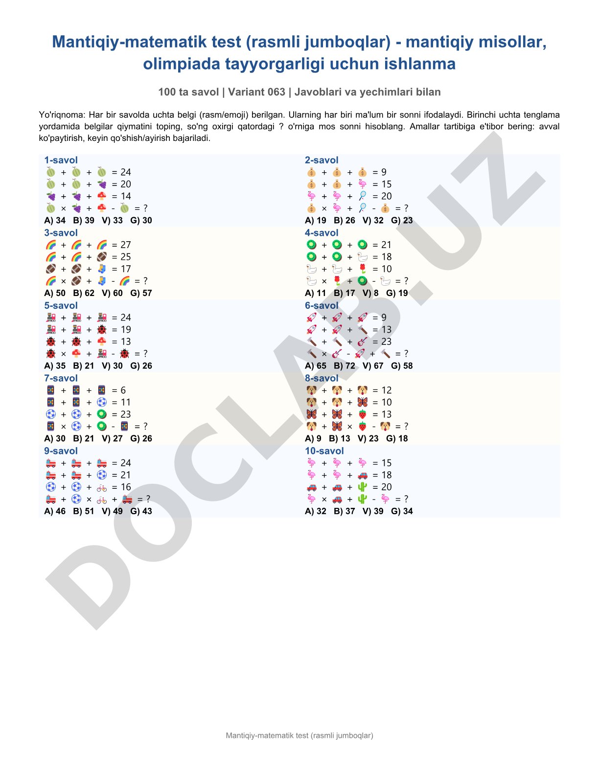 Mantiqiy-matematik test (rasmli jumboqlar) 100 savol