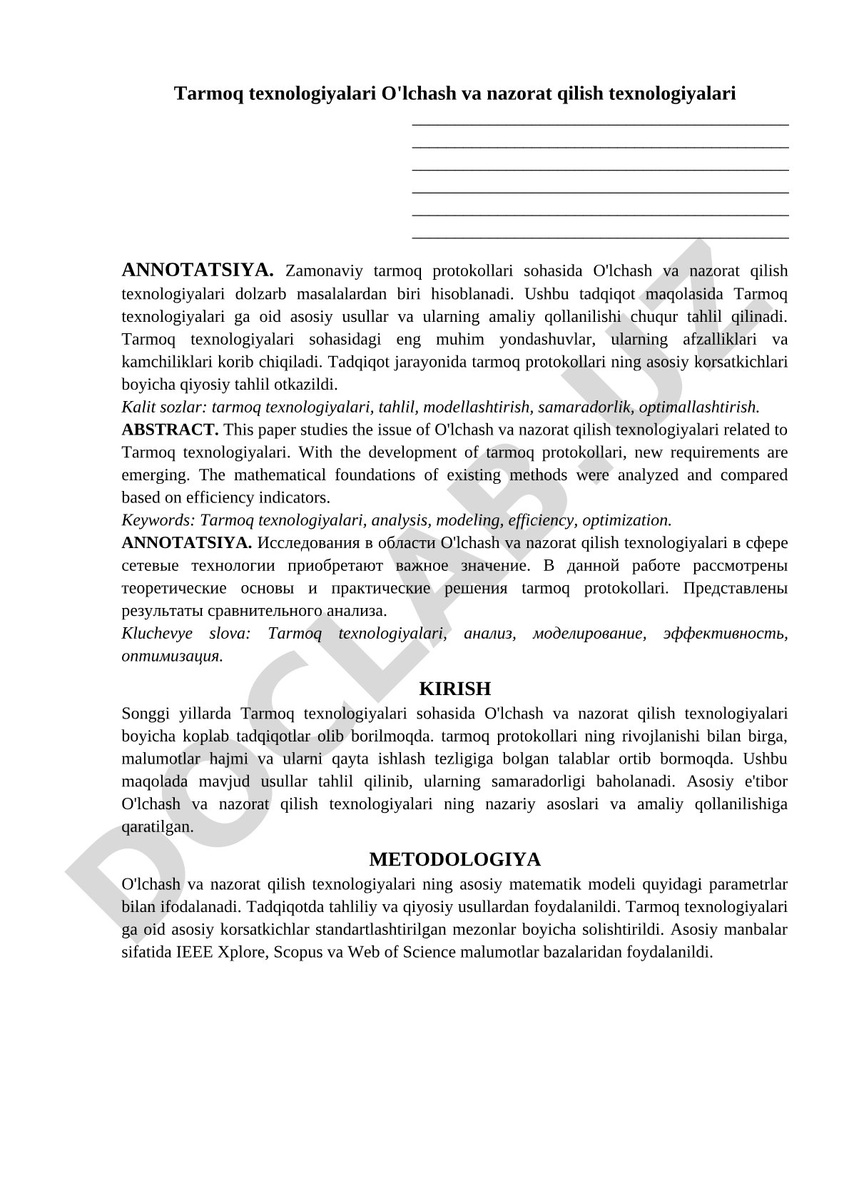Tarmoq texnologiyalarida o'lchash va nazorat qilish usullari